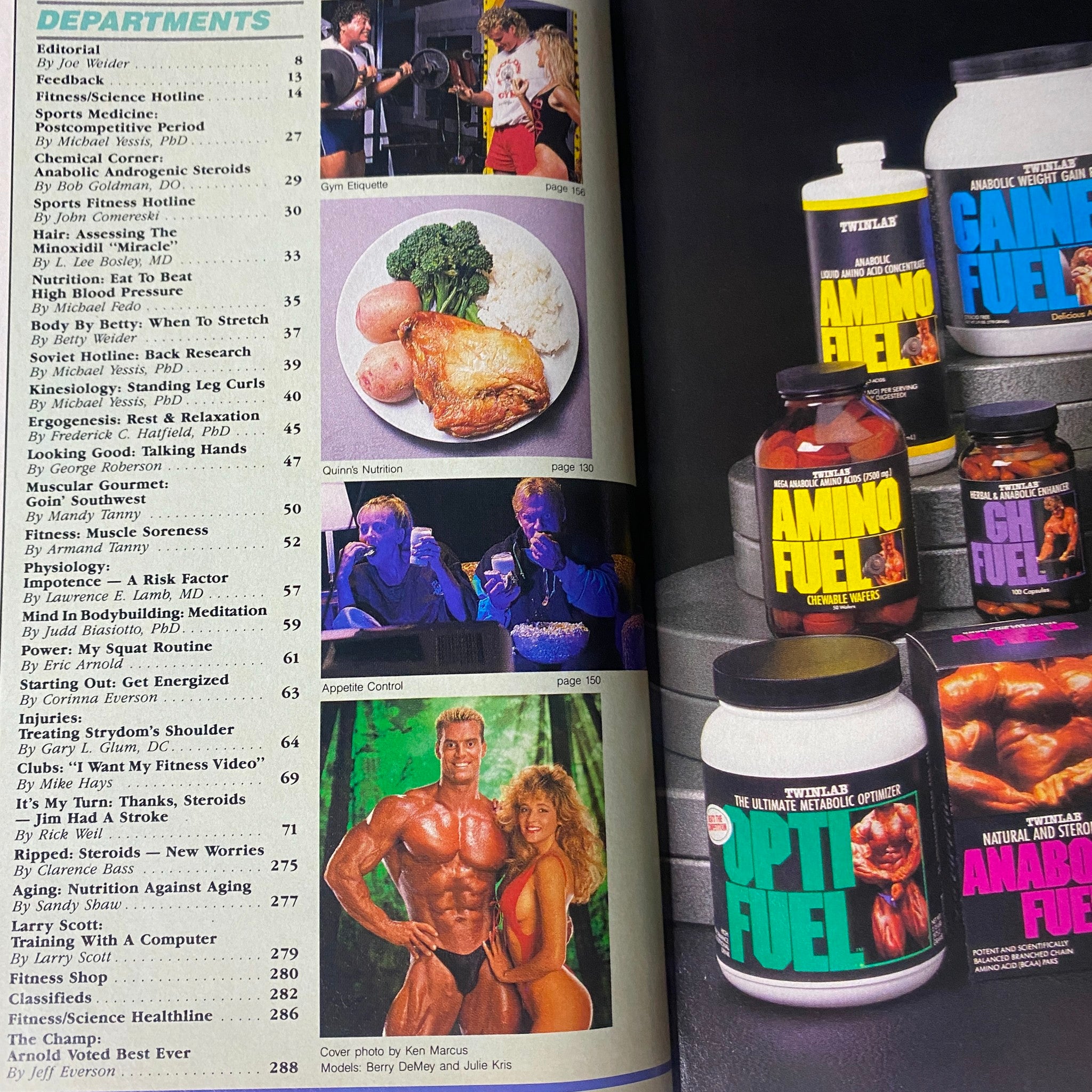 Another page from Muscle & Fitness Magazine January 1989 detailing various fitness departments and nutritional insights, including 'Quinn's Nutrition'.