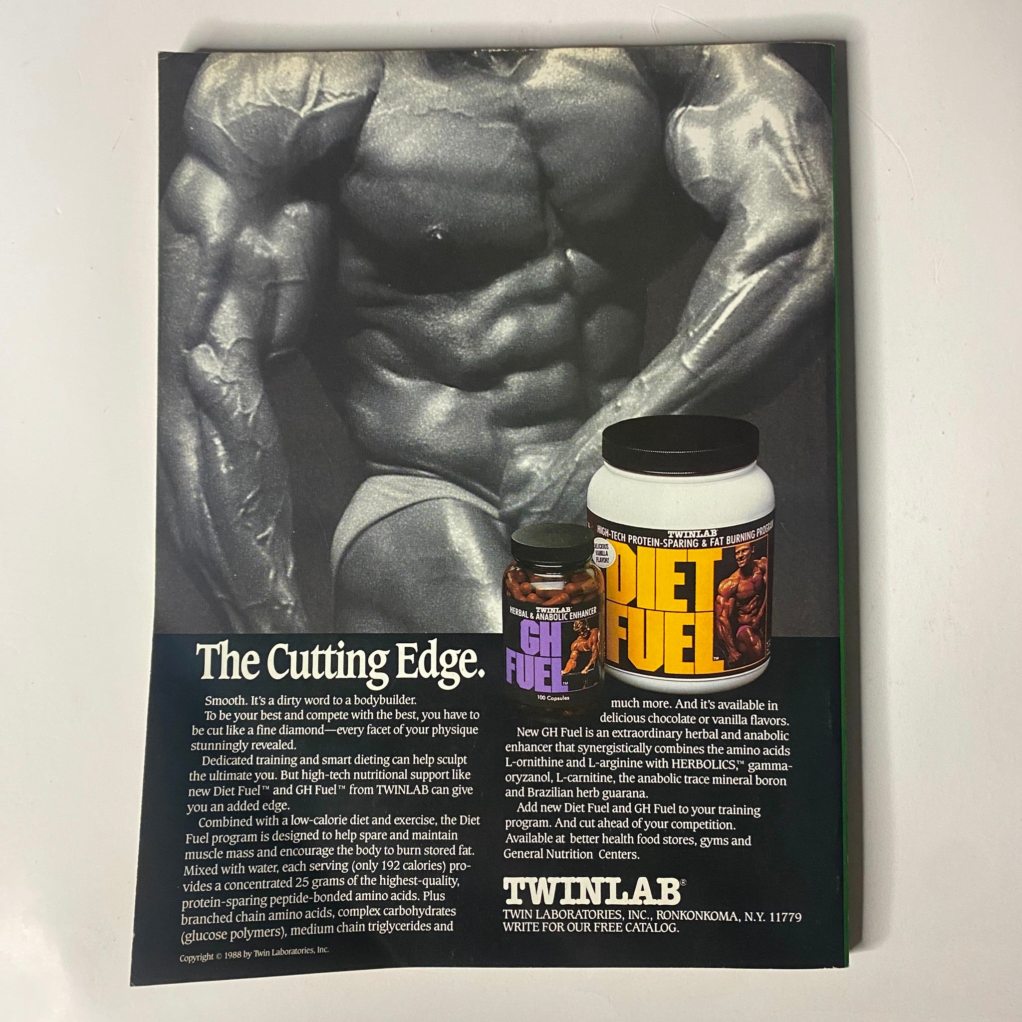 Advertisement from Muscle & Fitness Magazine January 1989 promoting Twinlab's 'Diet Fuel' and showcasing a close-up of a muscular physique.