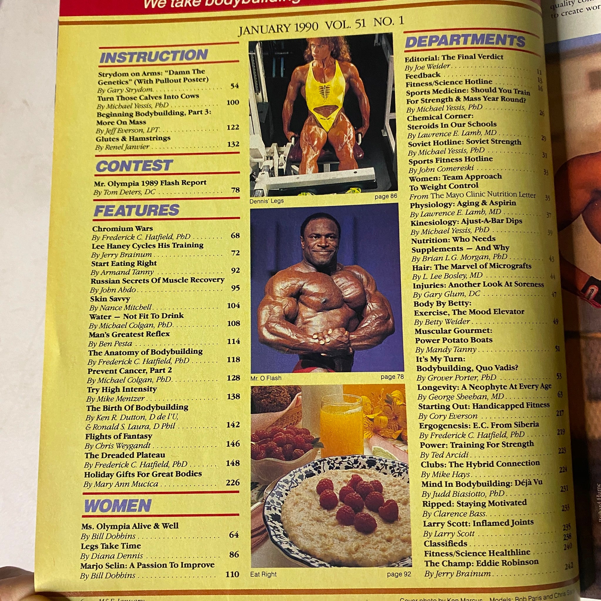 Contents page of Muscle & Fitness Magazine January 1990 Vol. 51 No. 1, listing articles on bodybuilding, nutrition, and fitness techniques.