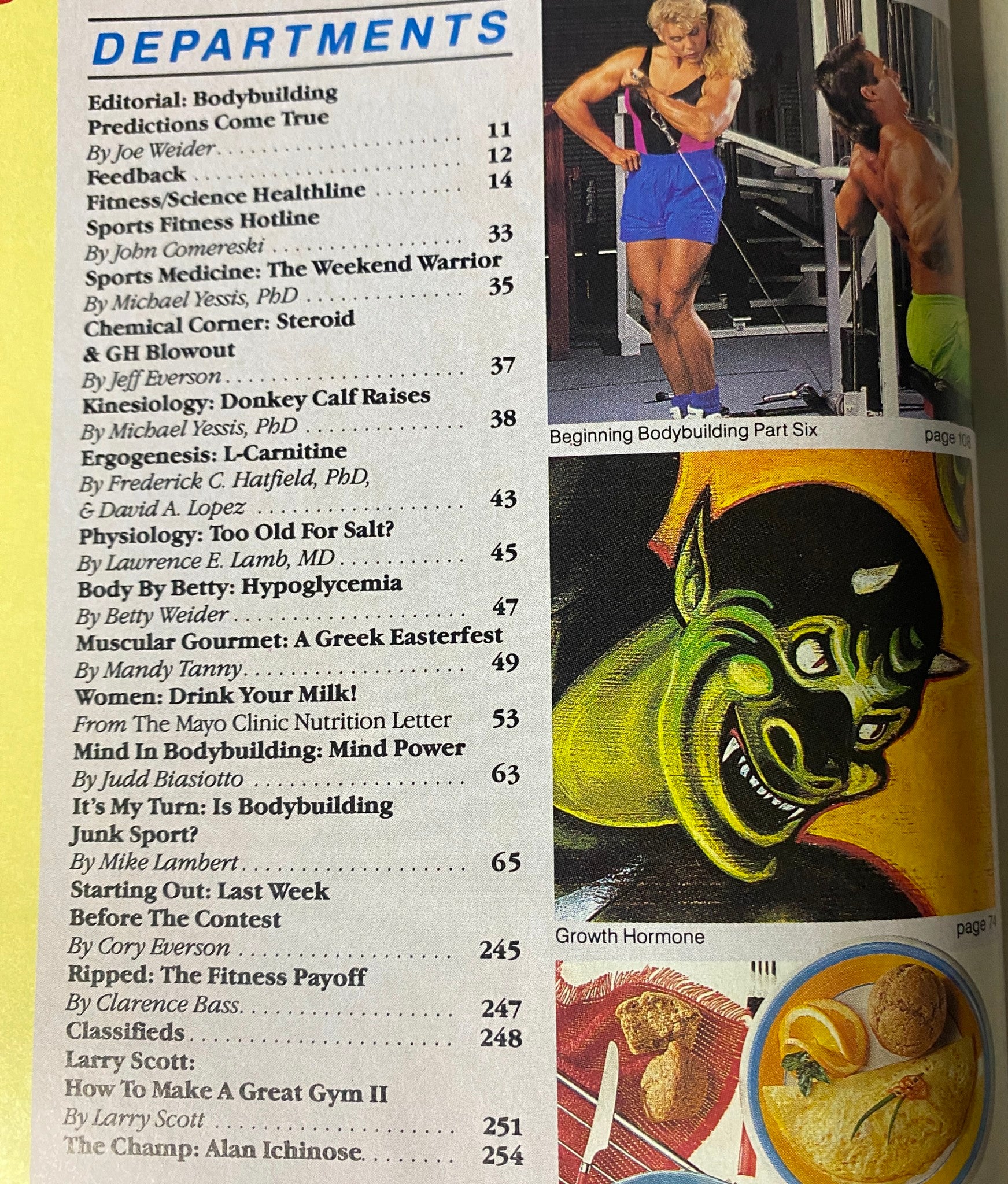 Inside page of Muscle & Fitness Magazine April 1990 listing articles in the Departments section, including topics like bodybuilding and fitness tips.
