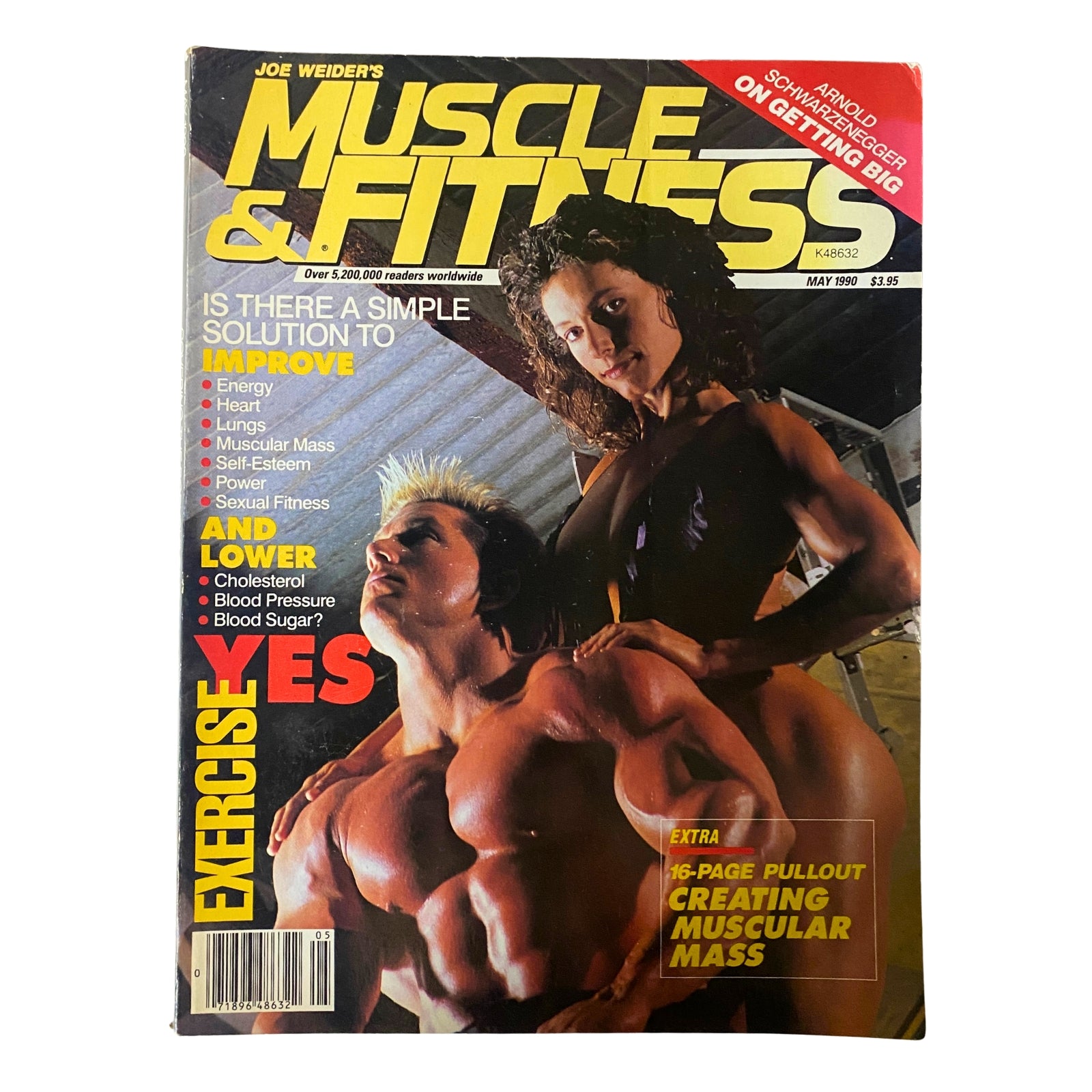 Cover of Muscle & Fitness Magazine May 1990 featuring bodybuilders Penny Price and Troy Zuccolotto, highlighting themes of bodybuilding, mass-building training, and fitness improvement.
