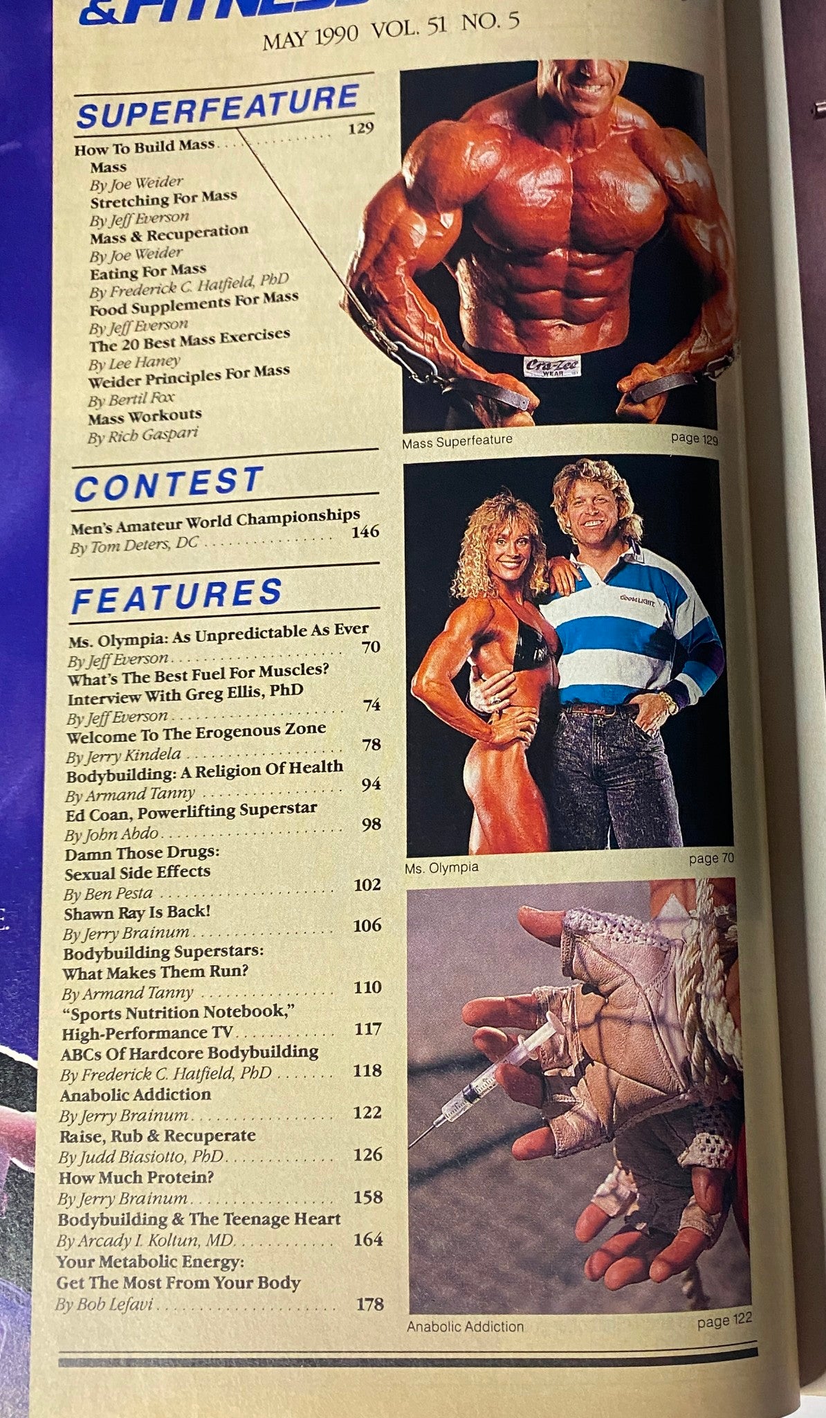 Inside page of Muscle & Fitness Magazine May 1990 listing contents including articles on mass-building training and features like Ms. Olympia and Anabolic Addiction.