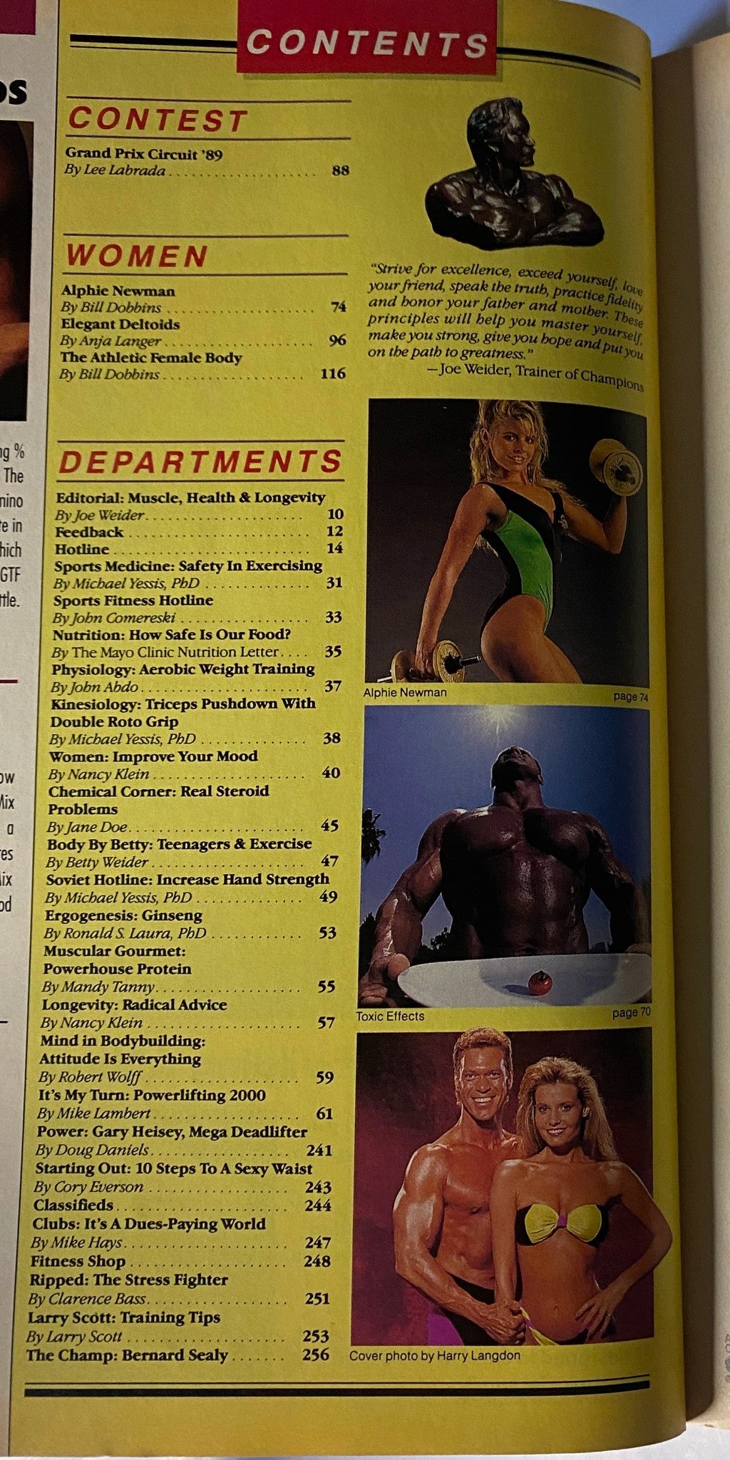 Another contents page of Muscle & Fitness Magazine June 1990 Vol 51 No. 6, featuring various segments including contests, women's fitness articles, and department sections on health and training.