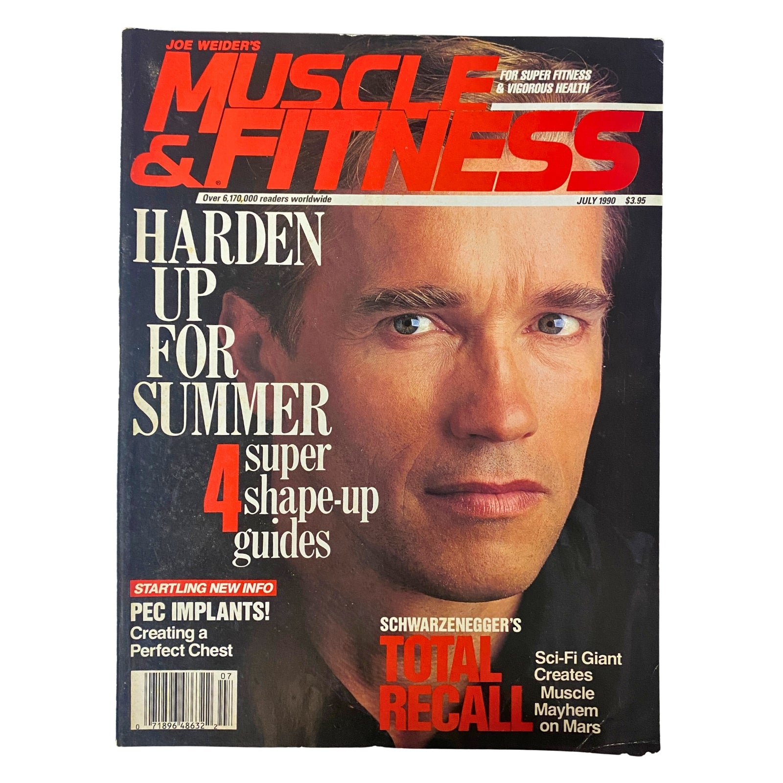 Cover of Muscle & Fitness Magazine July 1990 featuring Arnold Schwarzenegger, promoting summer fitness guides and the movie Total Recall.
