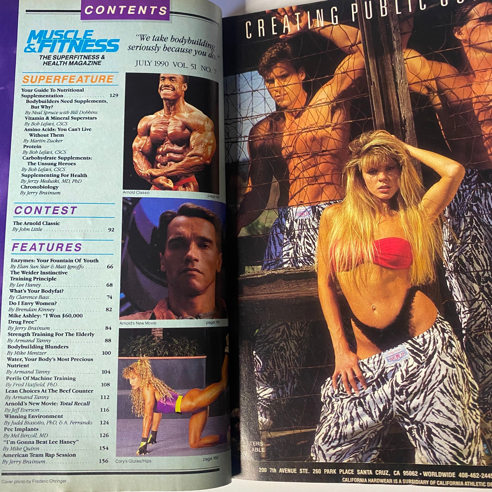 Inside pages of Muscle & Fitness Magazine July 1990 showing contents list with articles including a superfeature on nutritional supplementation and a highlight on Arnold Schwarzenegger.