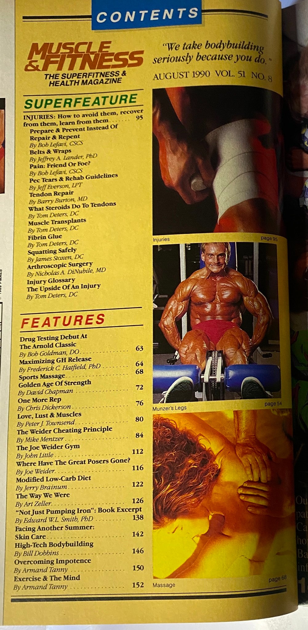 Contents page of Muscle & Fitness Magazine August 1990, Vol 51 No. 8 featuring articles on injuries and bodybuilding techniques.