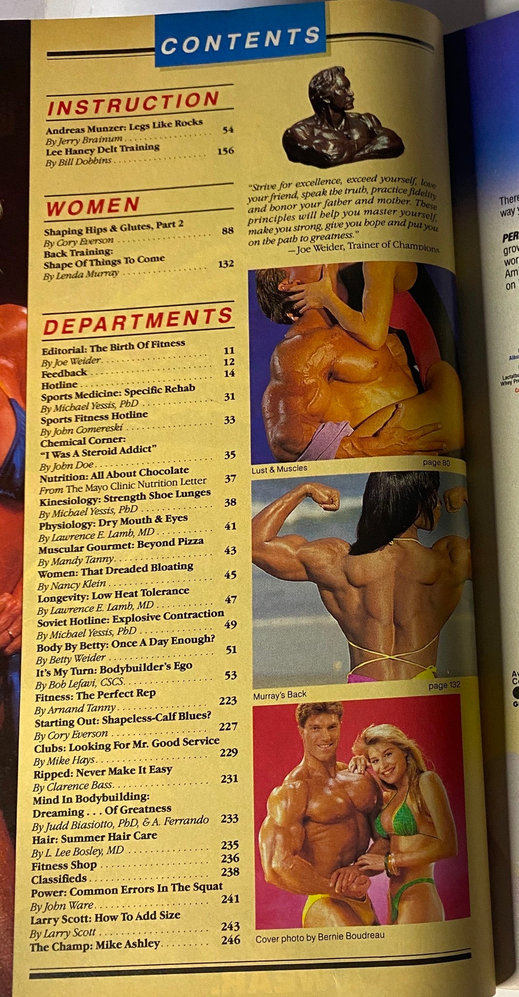 Second contents page of Muscle & Fitness Magazine August 1990, Vol 51 No. 8 showcasing instruction, women's training, and various departments.