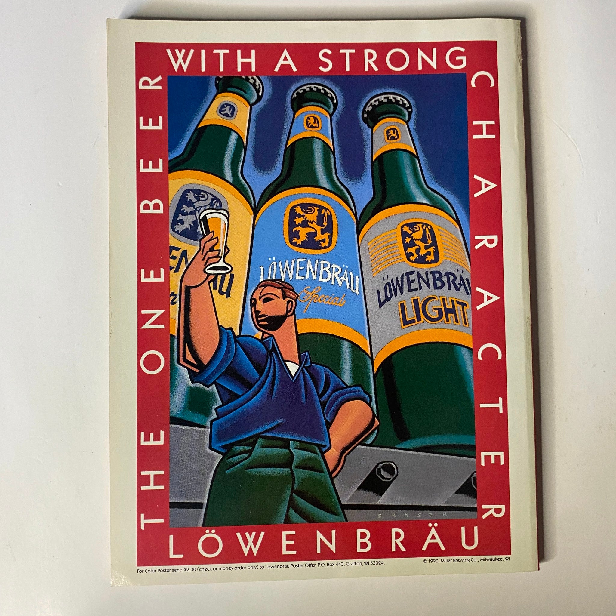 Advertisement for Löwenbräu beer with a strong character, showcasing colorful beer bottles.