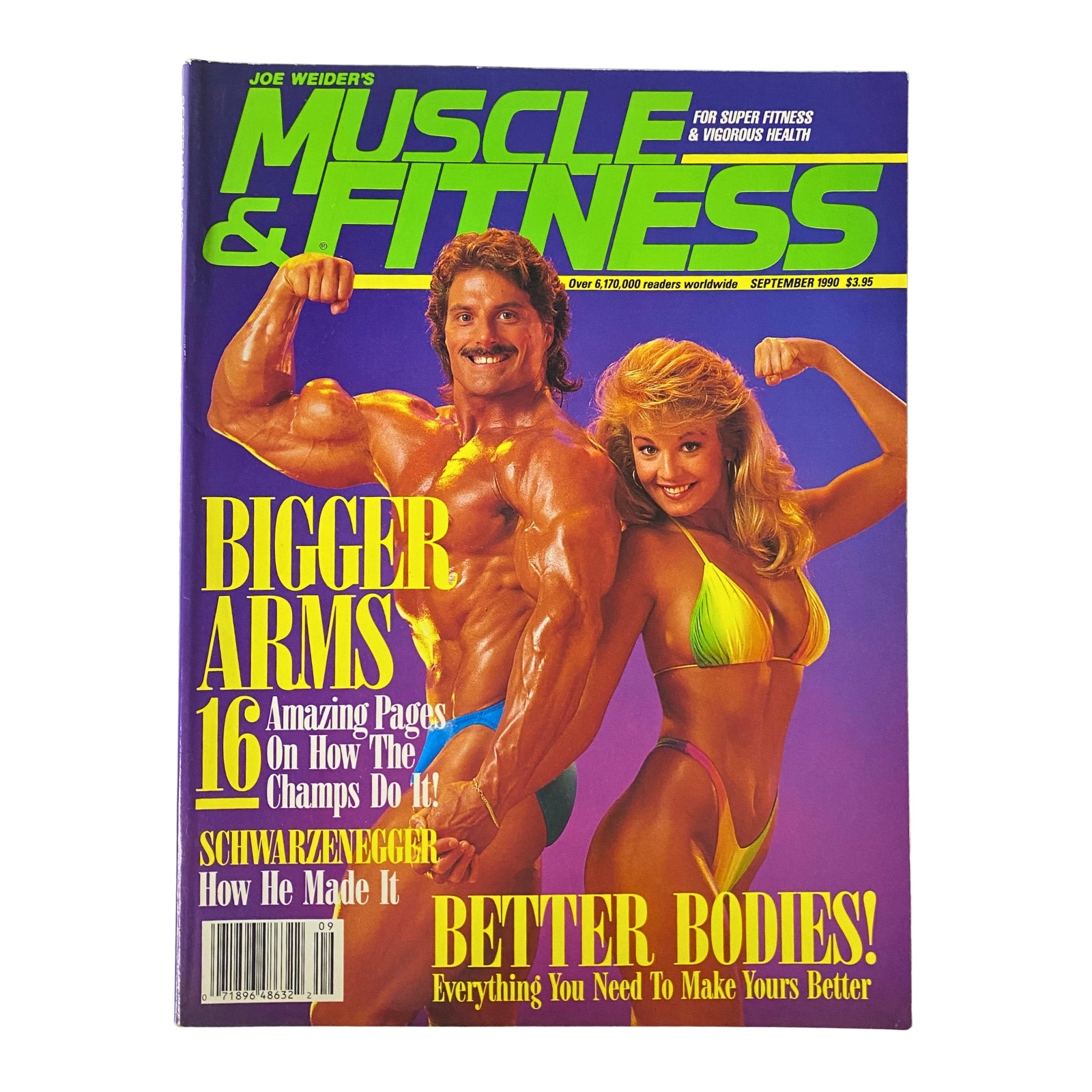 Cover of Muscle & Fitness Magazine September 1990 featuring Joe Bucci and Michelle Eveland showcasing fitness with the headline 'Bigger Arms' and colorful graphics.