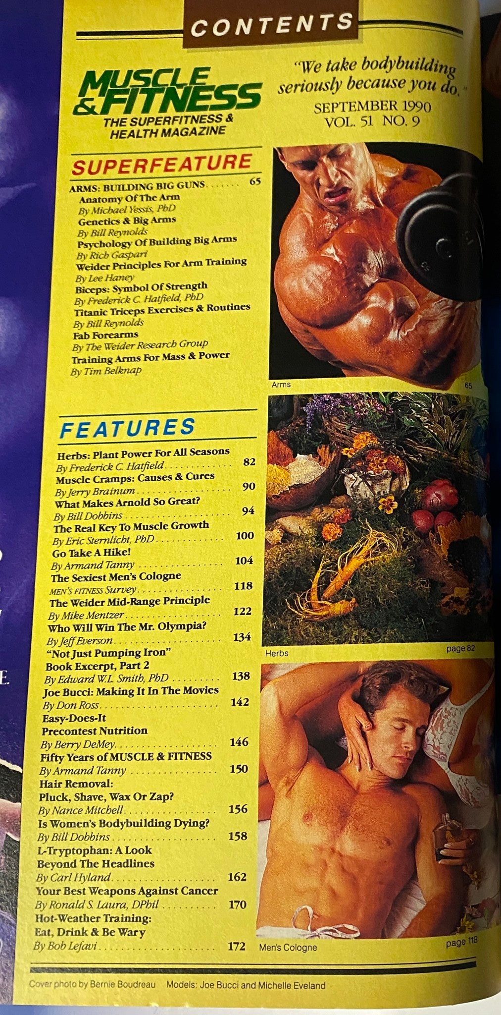 Contents page of Muscle & Fitness Magazine September 1990, detailing articles including 'Superfeature on Arms' and features on nutrition and bodybuilding routines.