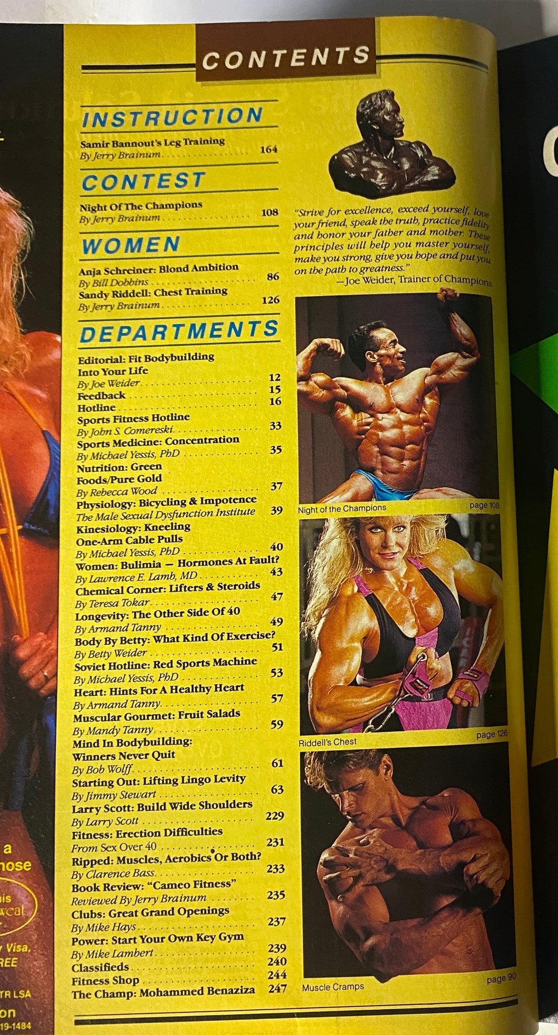 Contents page from Muscle & Fitness Magazine September 1990 featuring articles on training, arm workouts, and profiles on bodybuilders including Joe Bucci and Samir Bannout.