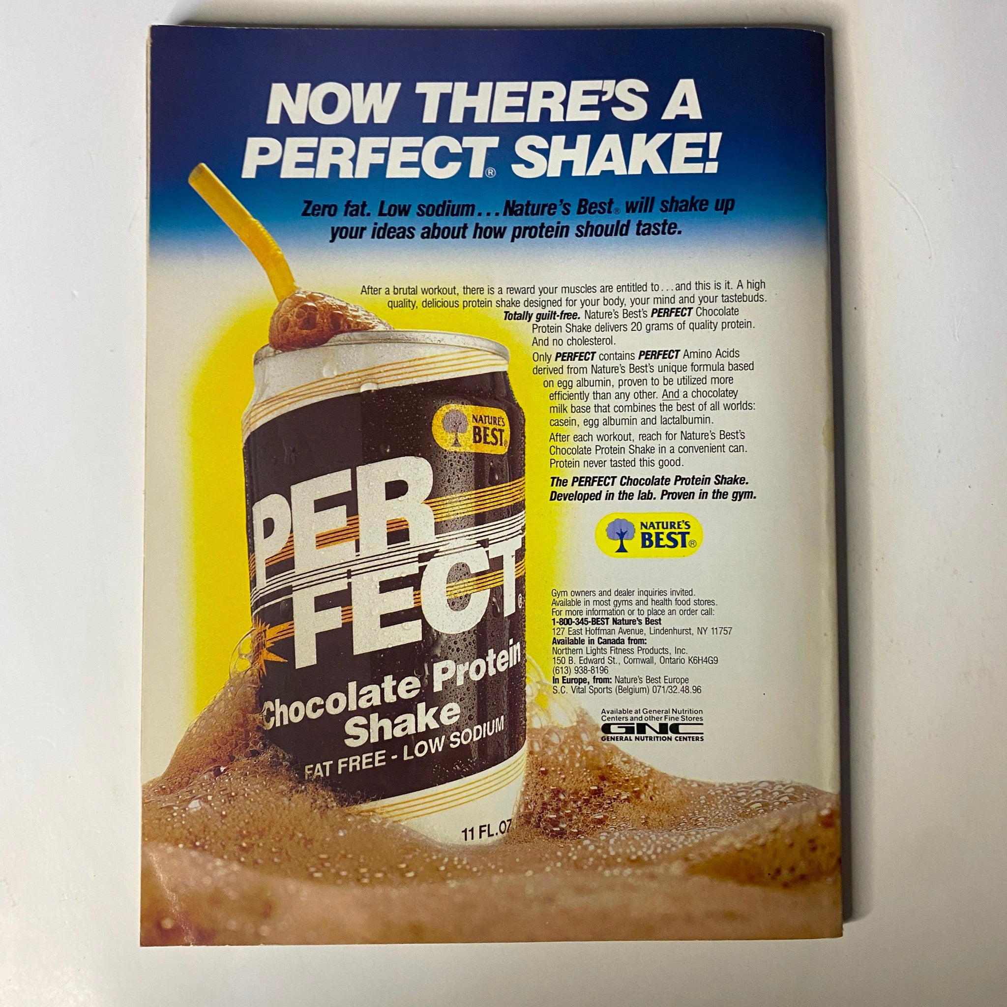 Back cover advertisement for Perfect Chocolate Protein Shake in Muscle & Fitness Magazine September 1990, showcasing the nutrition benefits of the product.