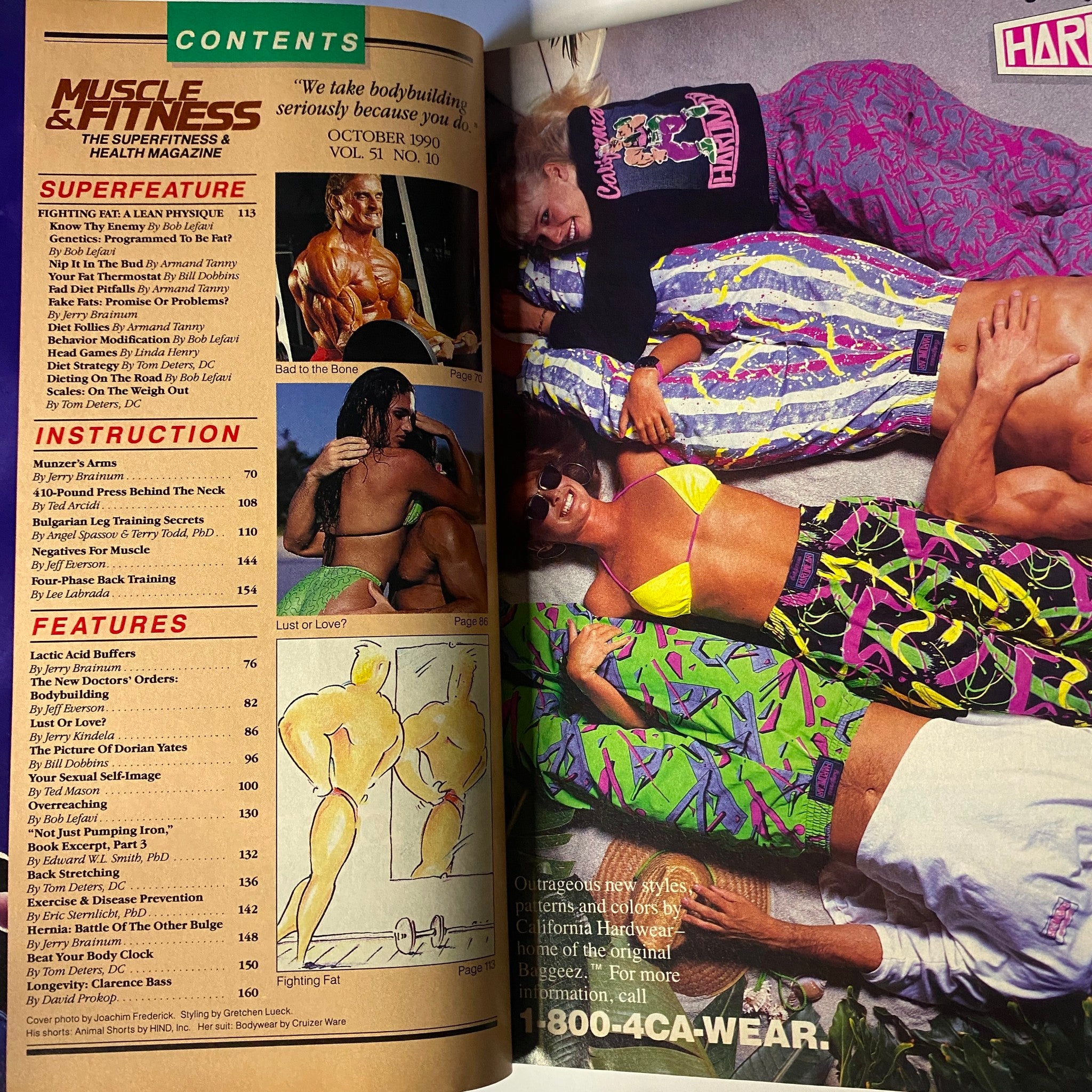 Contents page of Muscle & Fitness Magazine October 1990, Vol 51 No. 10, showcasing articles on fighting fat, training, and fitness styles.