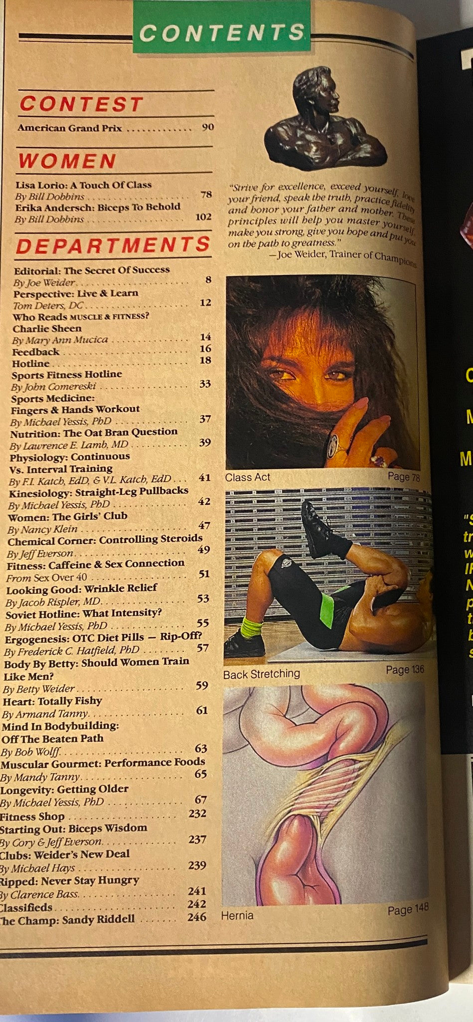 Departments page of Muscle & Fitness Magazine October 1990, Vol 51 No. 10, listing articles on women in fitness, editorial features, and health insights.