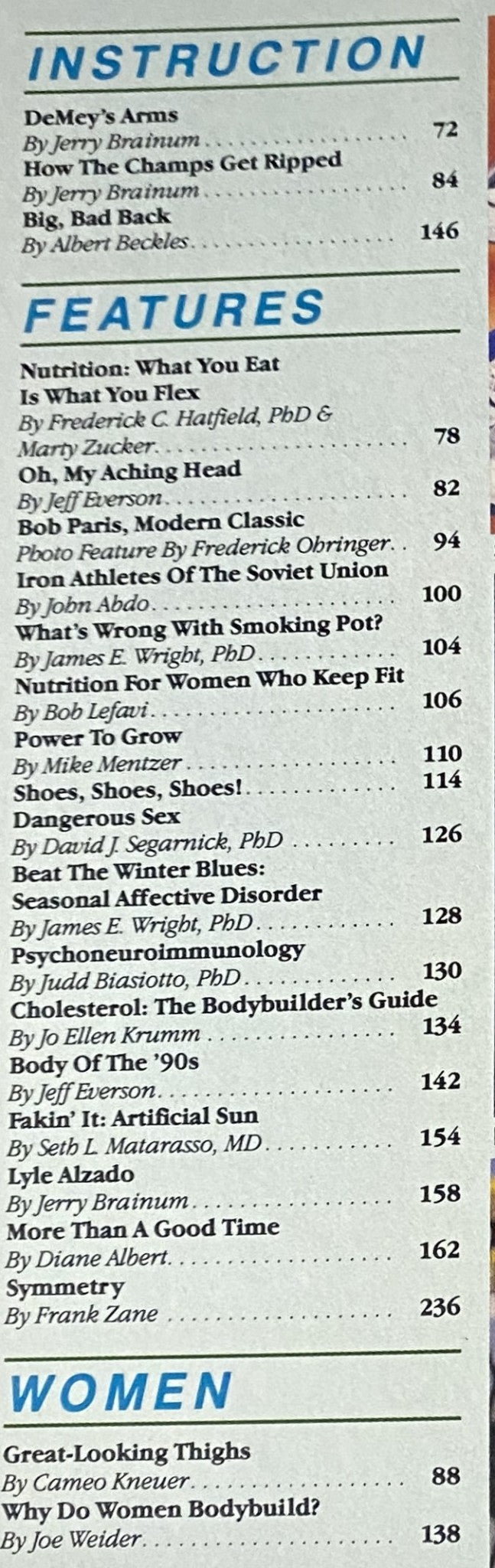 Table of contents from Muscle & Fitness Magazine November 1990, listing instructions and features including workouts and nutrition articles.
