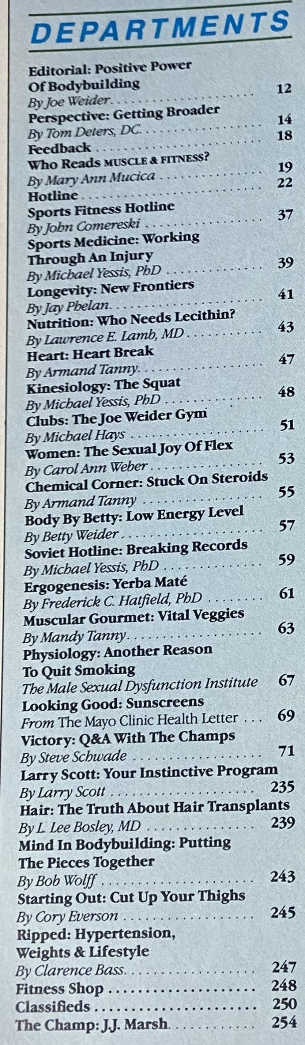Departments section from Muscle & Fitness Magazine November 1990, detailing various topics related to bodybuilding, nutrition, and fitness.