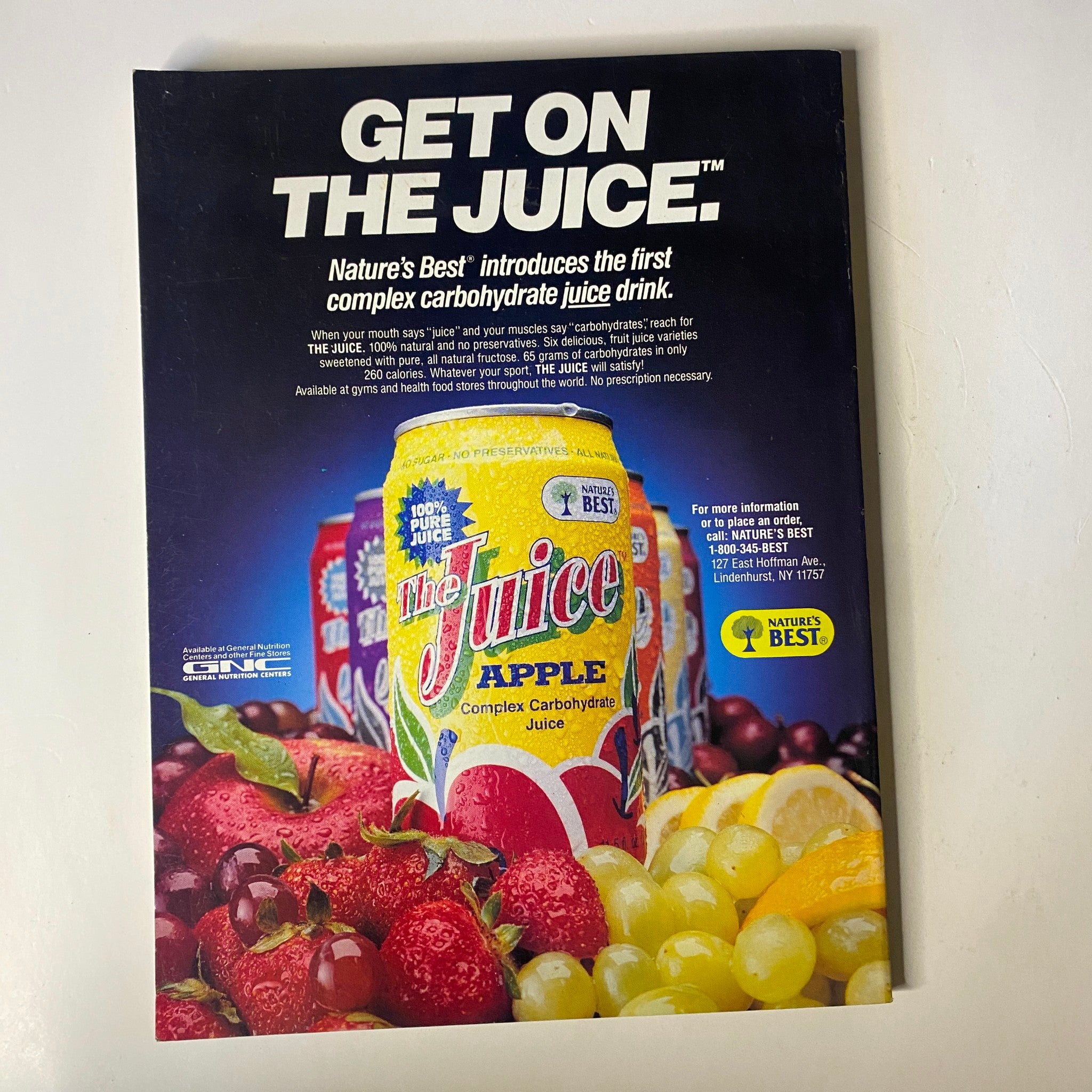 Back cover of Muscle & Fitness Magazine November 1990 promoting Nature's Best juice drink, emphasizing complex carbohydrates.