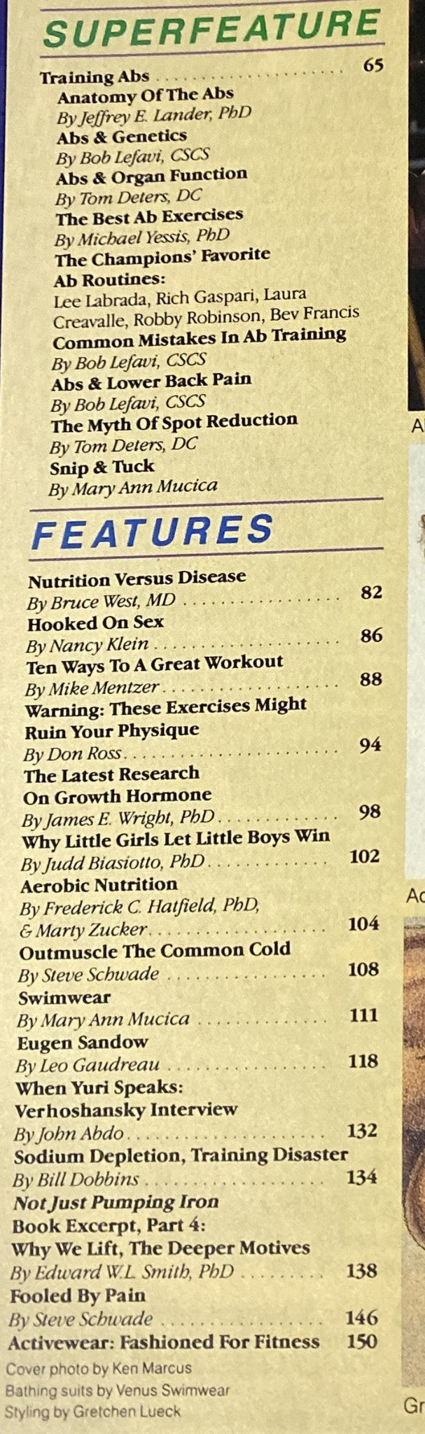 Table of contents for Muscle & Fitness Magazine December 1990 Vol 51 No 12, highlighting the superfeature on abdominal training and various articles about fitness and health.