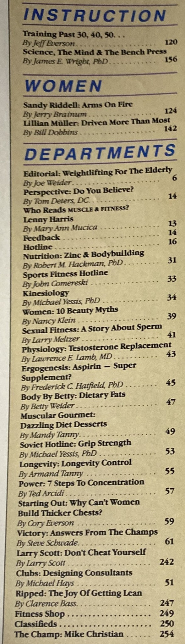 Instructional and feature sections from Muscle & Fitness Magazine December 1990 Vol 51 No 12, focusing on women's fitness, weightlifting for the elderly, and nutrition.