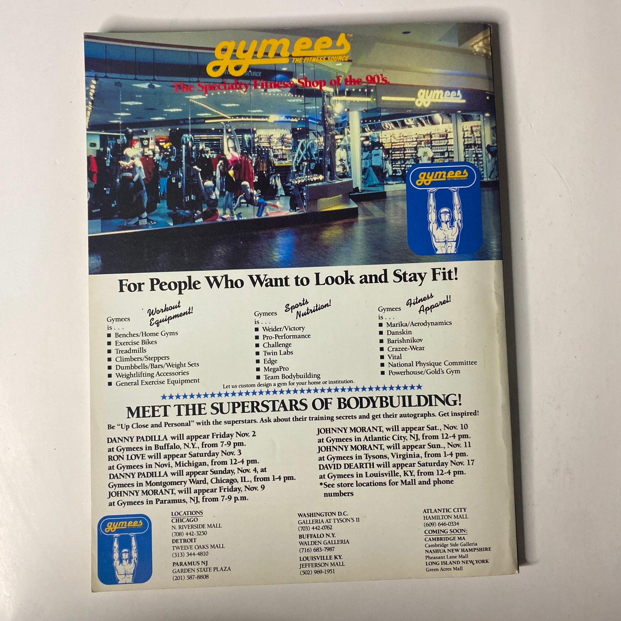 Back cover of Muscle & Fitness Magazine December 1990 Vol 51 No 12, advertising Gymes fitness center with equipment and classes aimed at fitness enthusiasts.