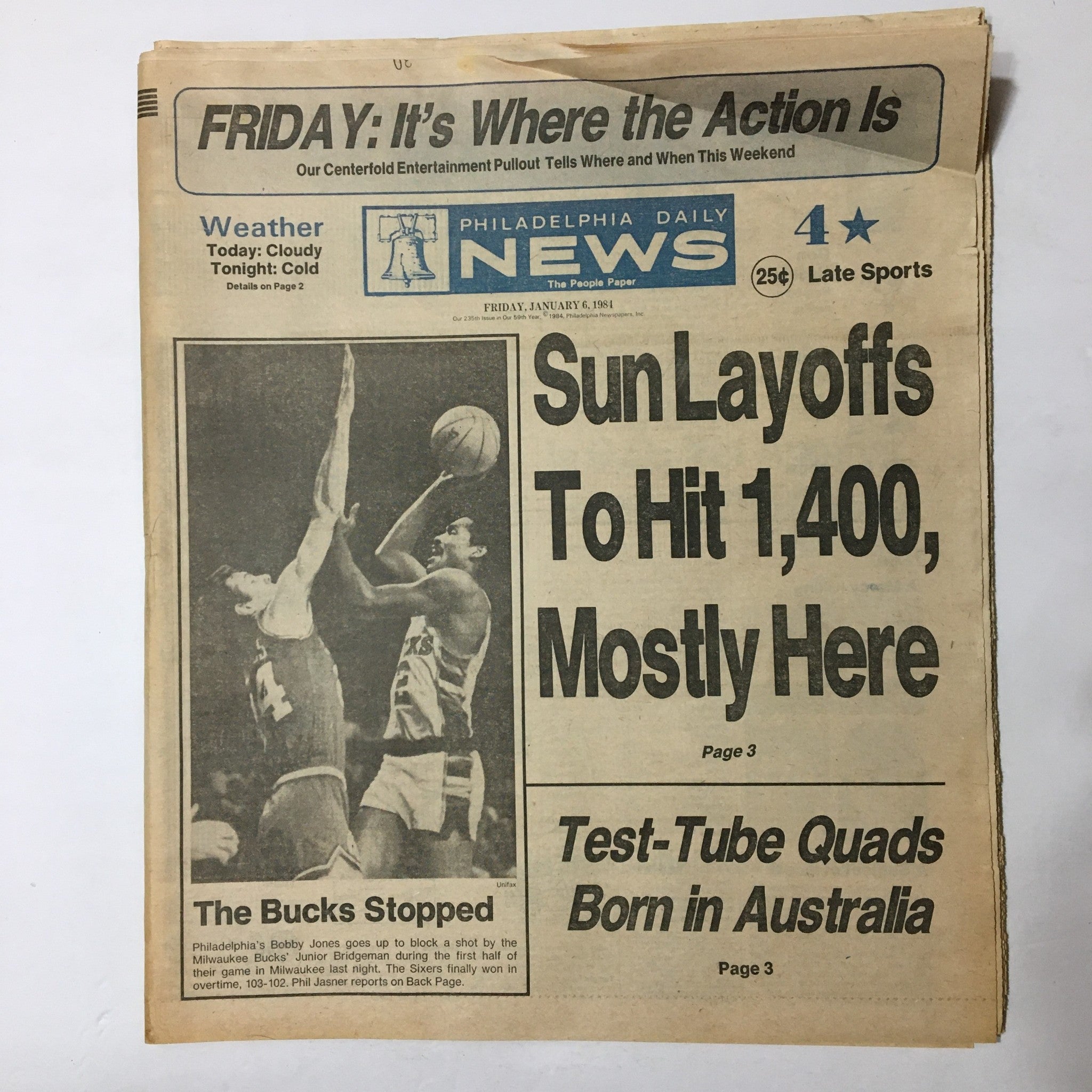 Vintage Philadelphia Daily News from January 6, 1984, featuring NBA star Bobby Jones on the cover, capturing key moments in basketball history.