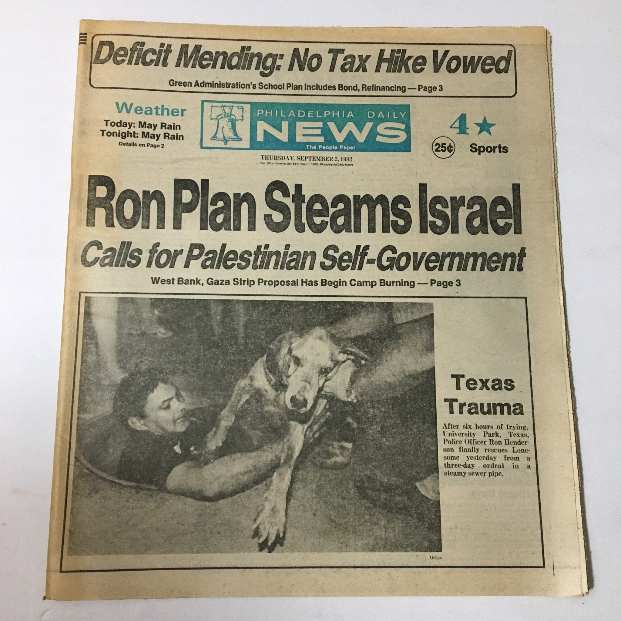 VTG Philadelphia Daily News September 2 1982 - Ron Plan Steams Israel