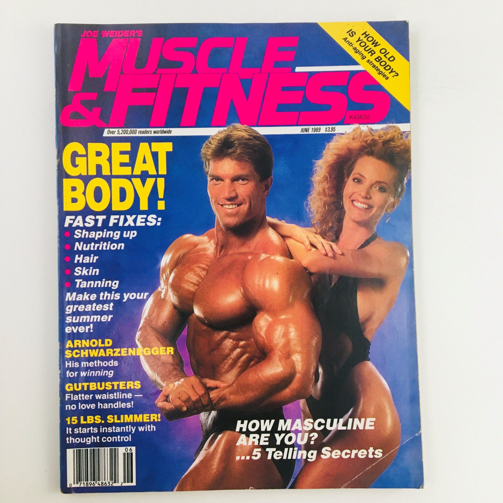 Muscle & Fitness Magazine June 1989 featuring Arnold Schwarzenegger on the cover, showcasing his bodybuilding techniques and fitness tips, with a model alongside him, in a vibrant layout.