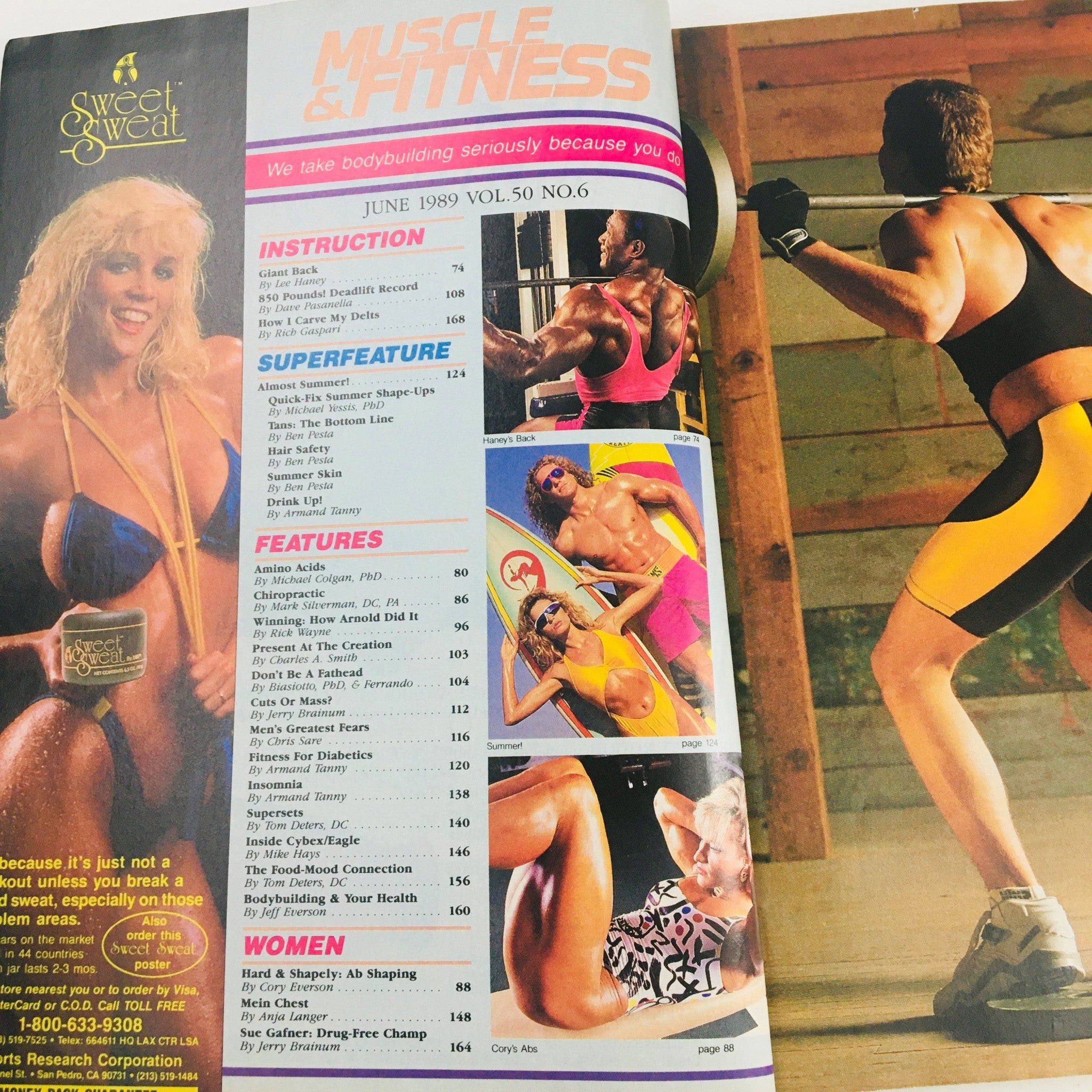 Muscle & Fitness Magazine June 1989 featuring a vibrant layout with articles about bodybuilding and fitness. The cover highlights Arnold Schwarzenegger's methods, showcasing fitness tips, instruction sections, and various fitness models in colorful attire, reflecting the late 1980s fitness culture.