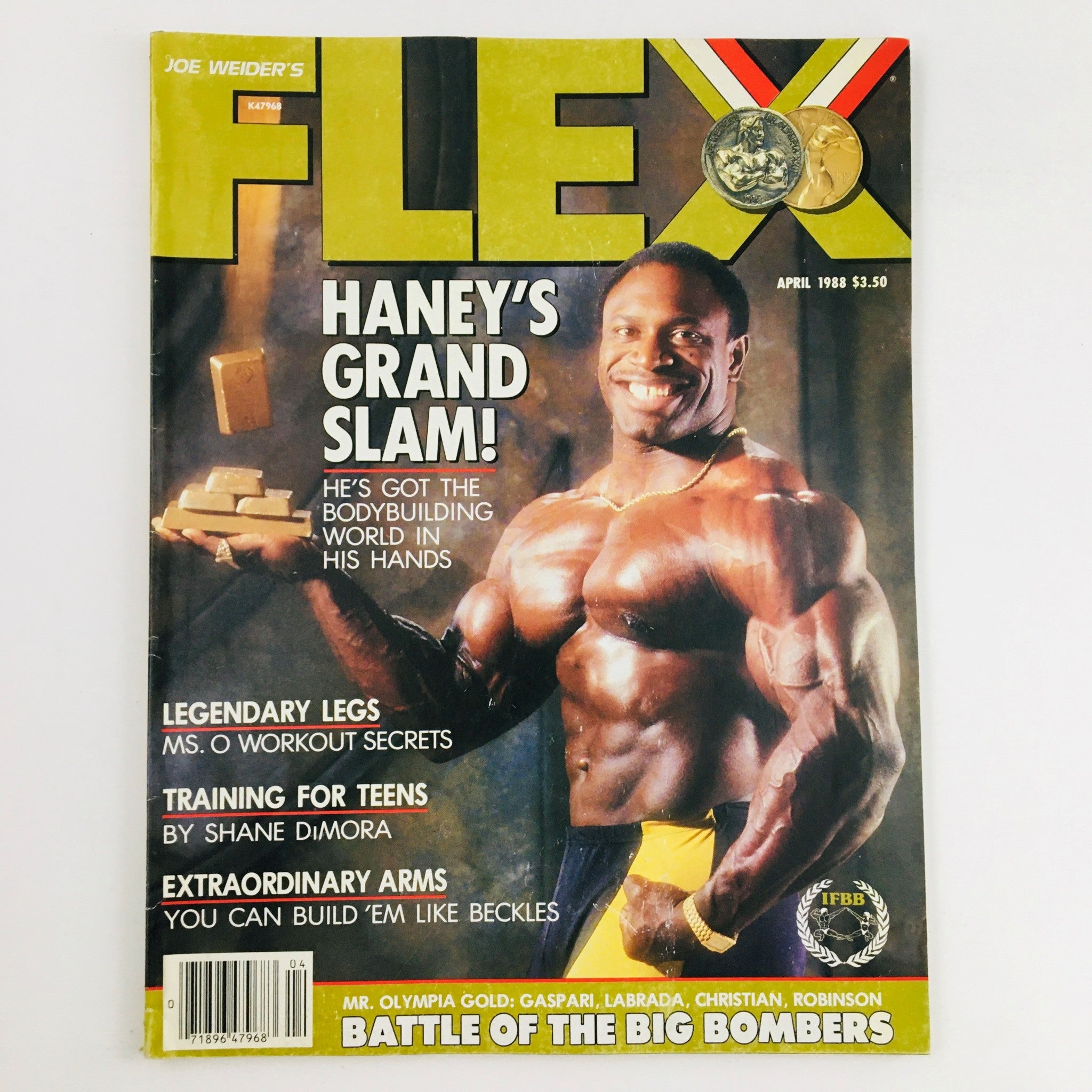Cover of Joe Weider's Flex Magazine, April 1988 edition featuring Lee Haney, showcasing bodybuilding topics like training, nutrition, and fitness culture from the late 1980s.