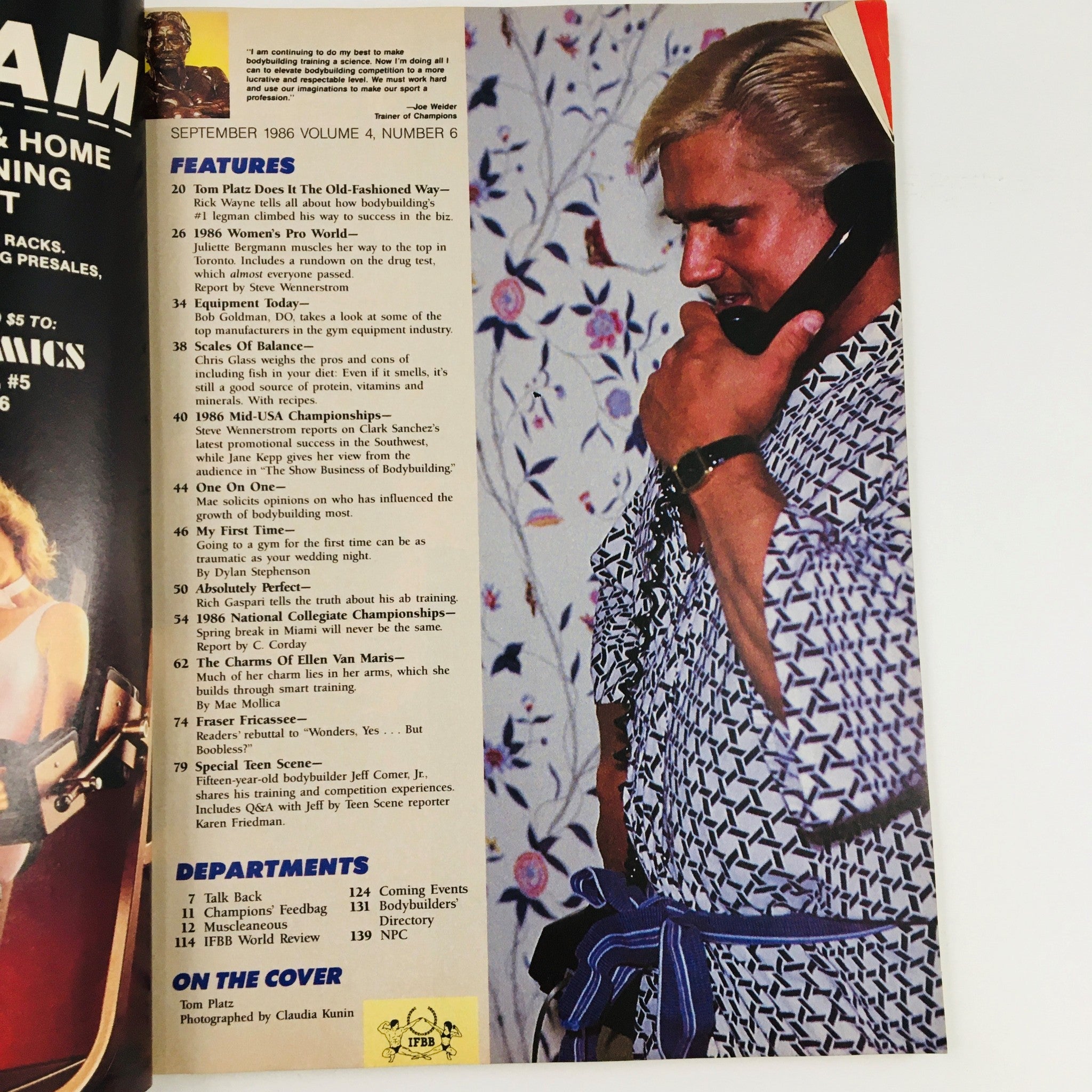 Interior page from Joe Weider's Flex Magazine September 1986 featuring an article list with highlights on bodybuilding topics and competitions. Includes a photo of a bodybuilder on the phone, reflecting the 1980s fitness culture.