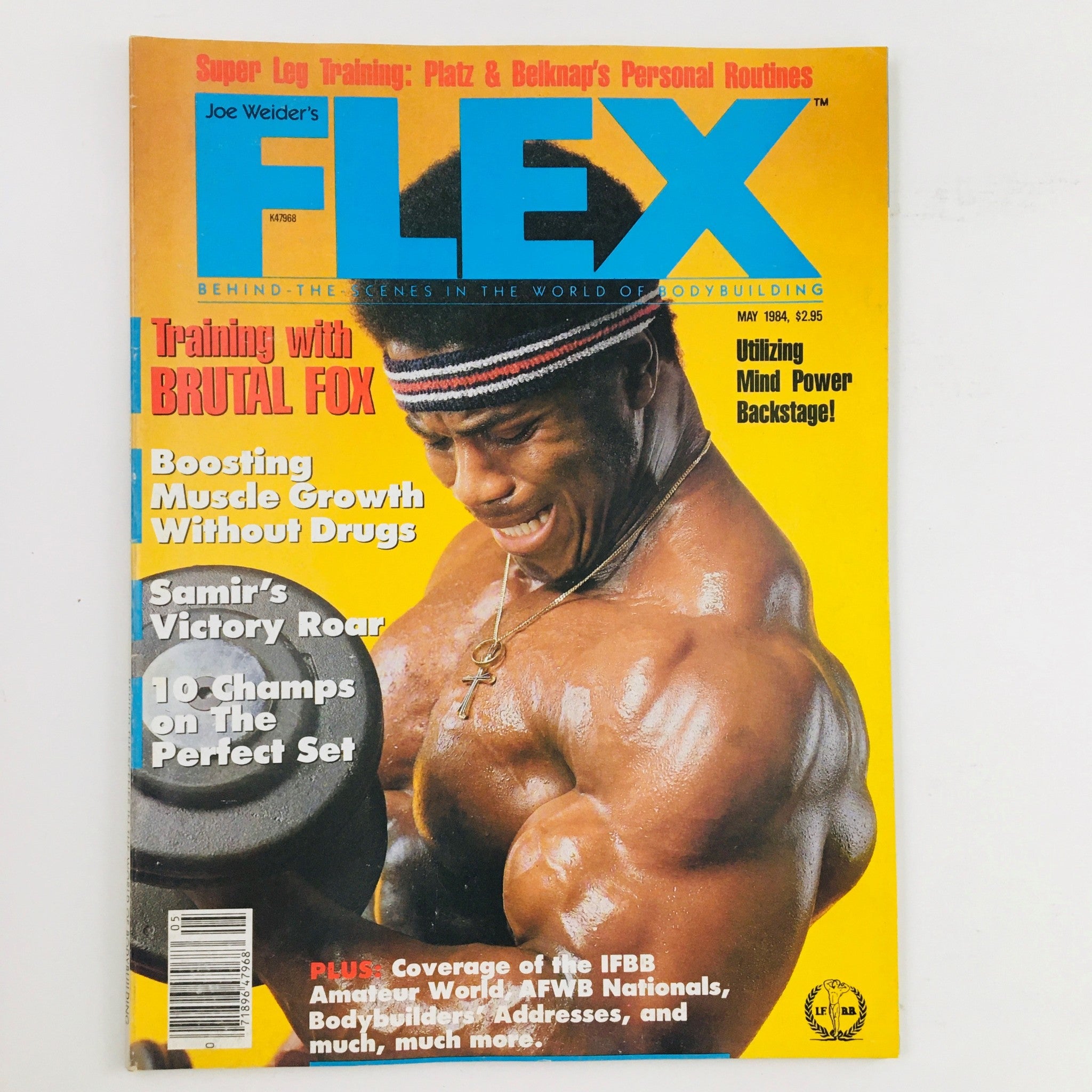 Joe Weider's Flex Magazine from May 1984 featuring bodybuilder Brutal Bertil Fox on the cover, showcasing fitness tips and bodybuilding culture.
