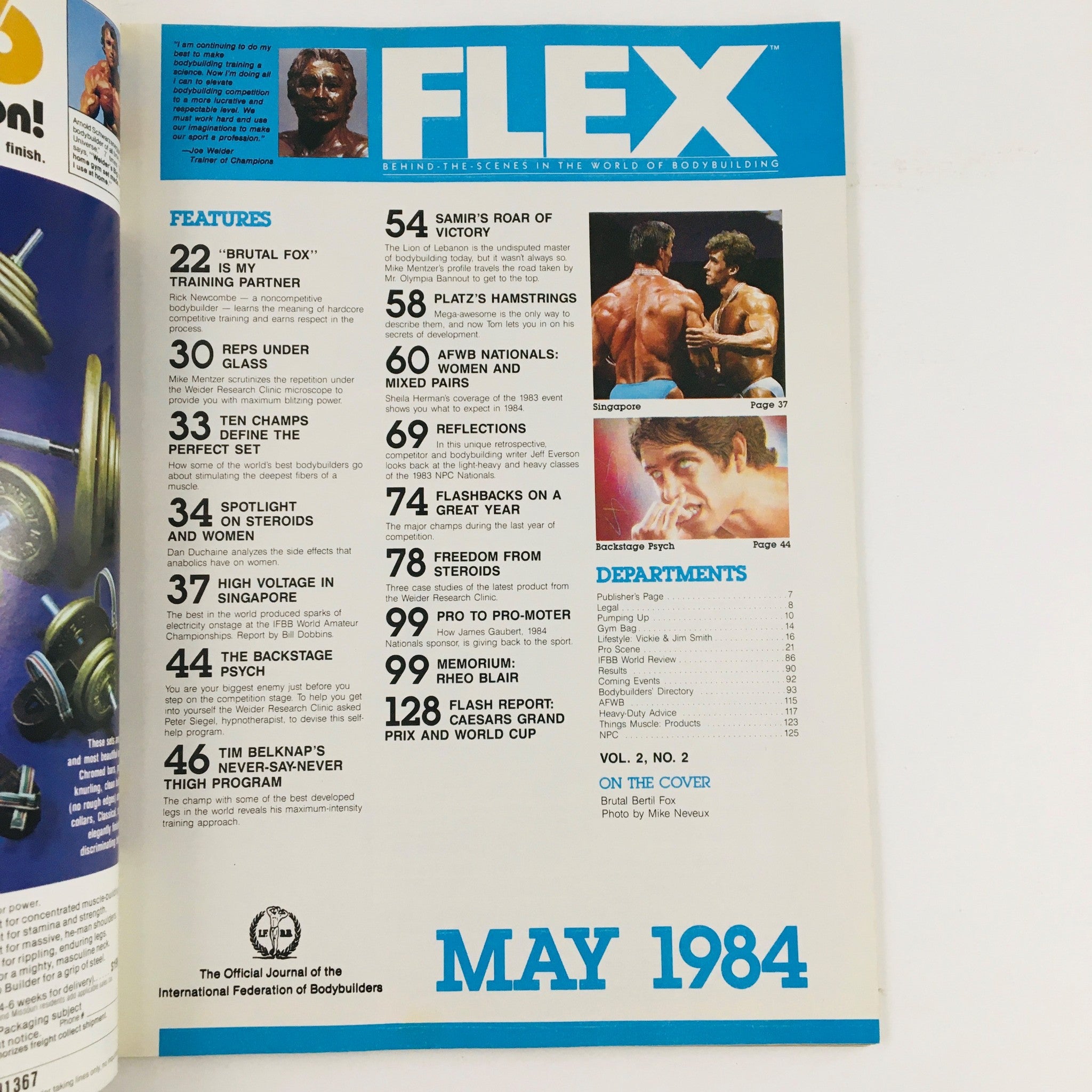 Joe Weider's Flex Magazine May 1984 featuring contents and highlights of bodybuilding articles, showcasing Brutal Bertil Fox on the cover, with various topics related to fitness and training. Published as Volume 2, No. 2.