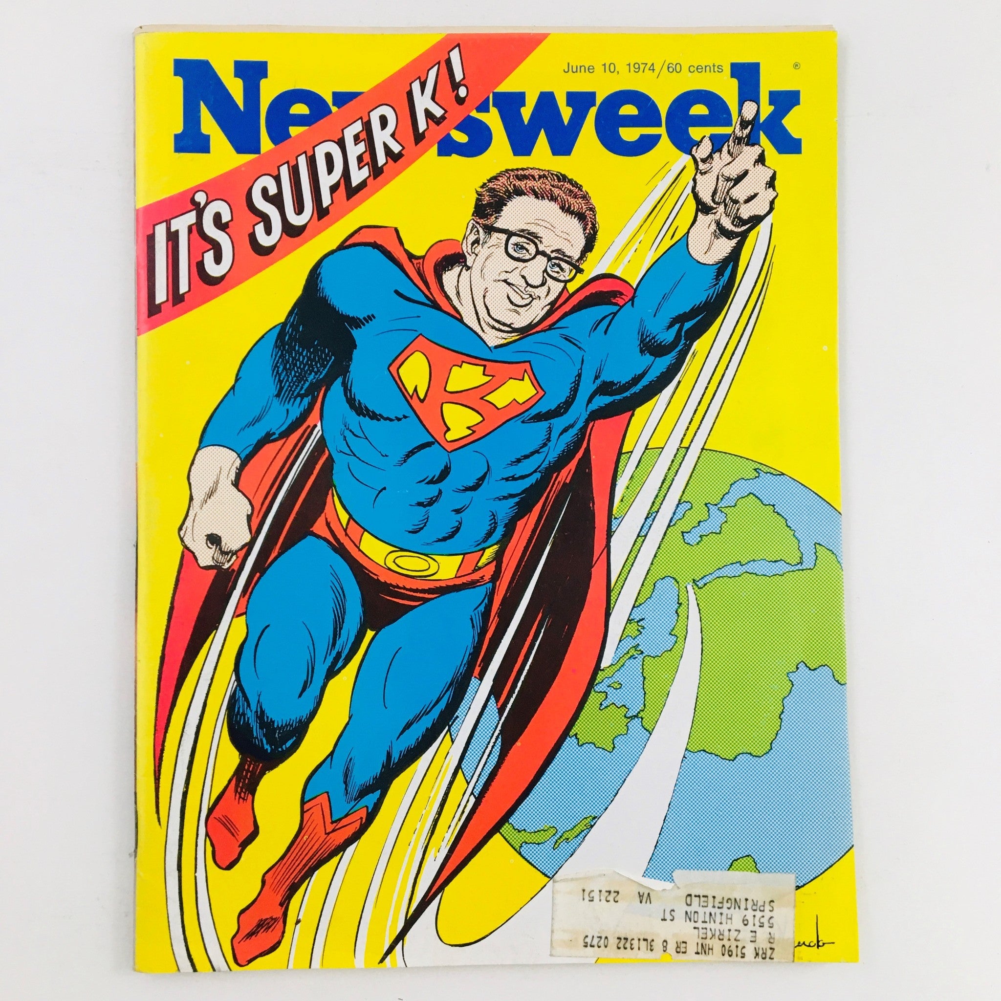 Cover of Newsweek Magazine from June 10, 1974, featuring a colorful illustration of a superhero titled "It's Super K!" with the iconic figure of Henry Kissinger depicted as a comic book character.