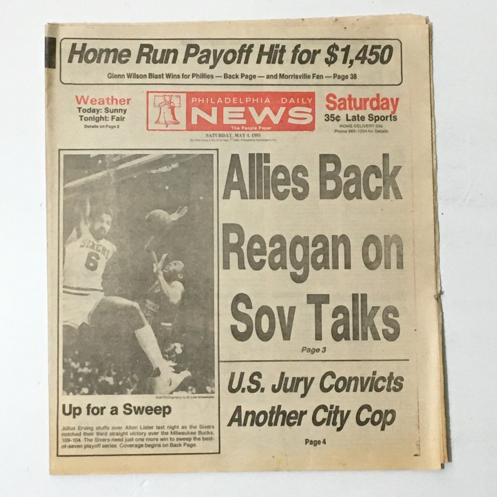 VTG Philadelphia Daily News May 4 1985 - NBA's Julius Erving and Alton Lister