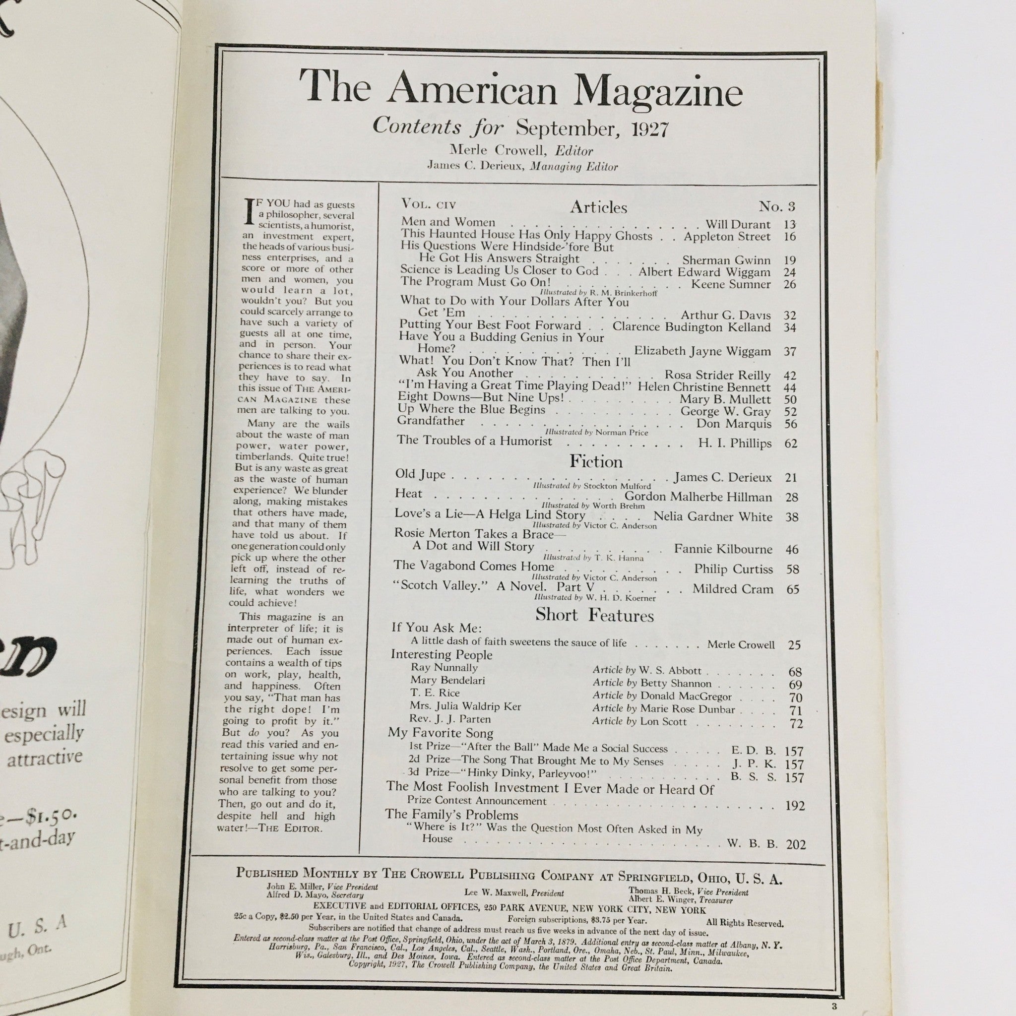 VTG The American Magazine September 1927 Men and Women by Will Durant