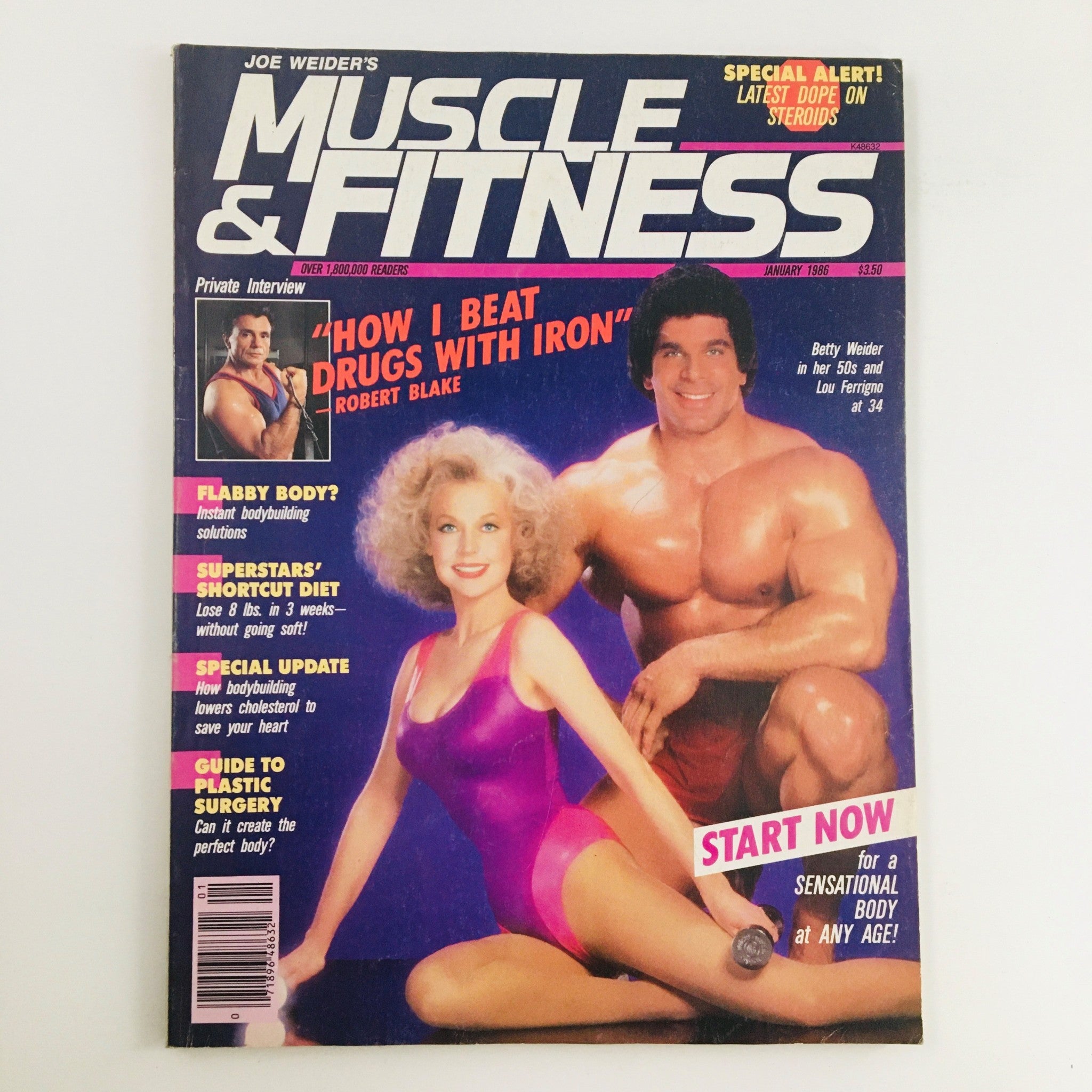 Cover of Muscle & Fitness Magazine January 1986 featuring Betty Weider and Lou Ferrigno, showcasing fitness topics and bodybuilding trends of the era.