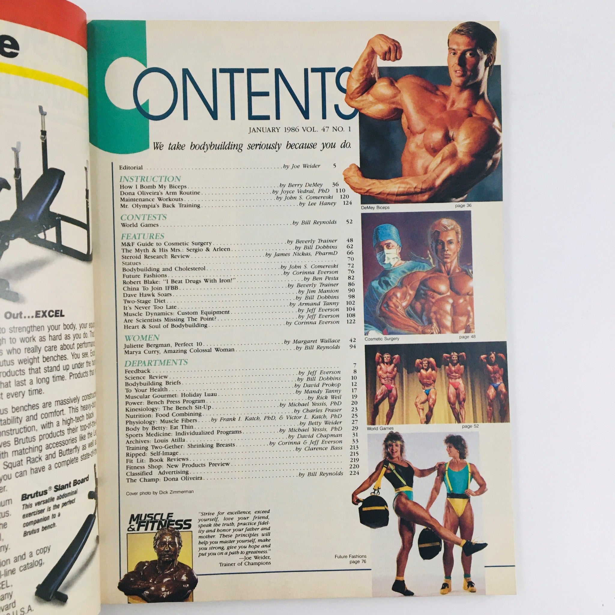 Contents page of Muscle & Fitness Magazine January 1986, highlighting features on bodybuilding, health tips, and expert advice.