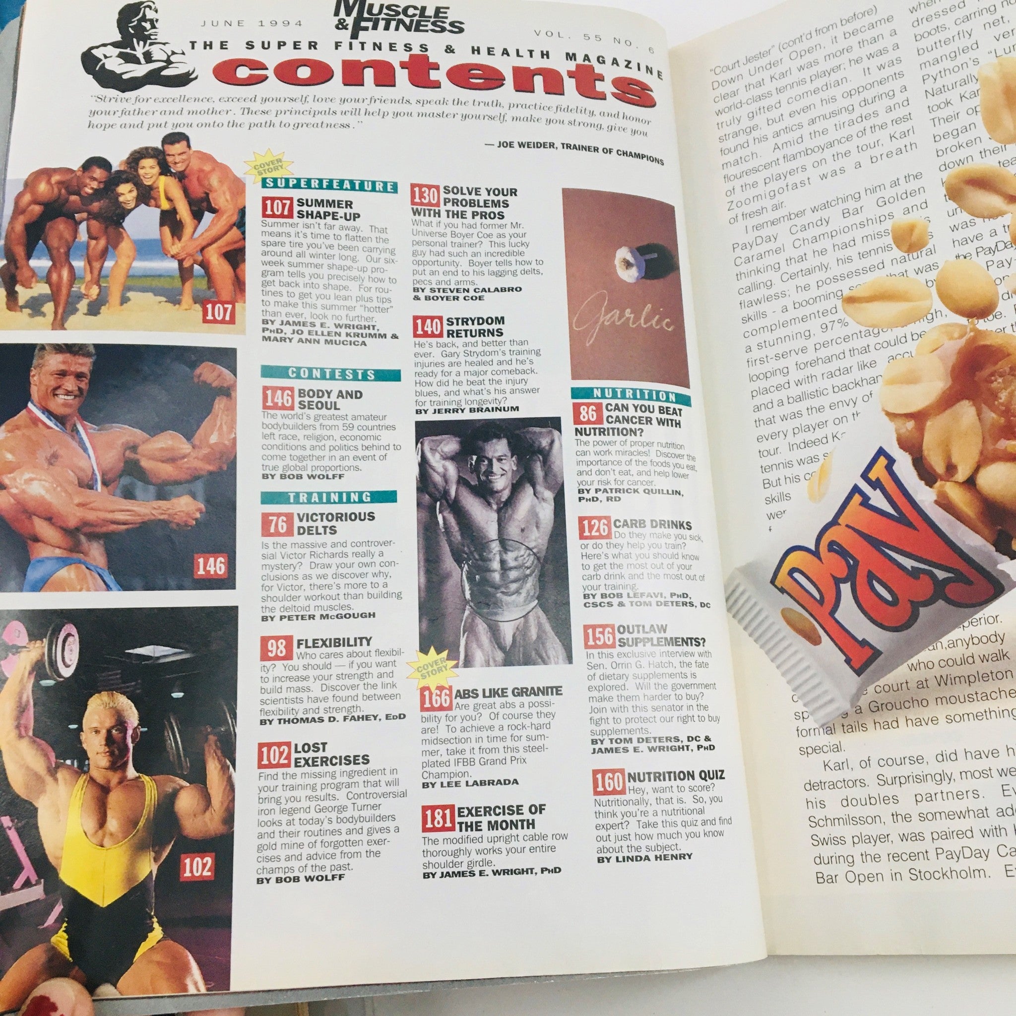 Contents page of Muscle & Fitness Magazine June 1994 detailing articles on bodybuilding, nutrition, and workout routines.