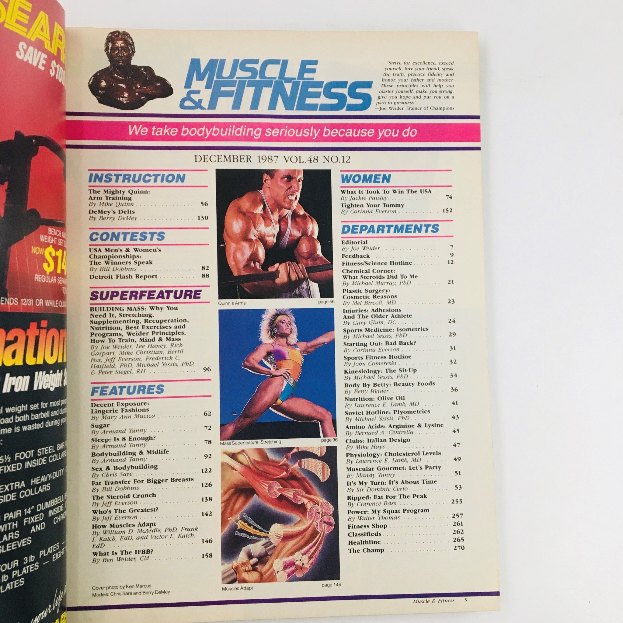 Inside page of Muscle & Fitness Magazine December 1987 displaying the table of contents, featuring articles on bodybuilding, nutrition, and fitness training.