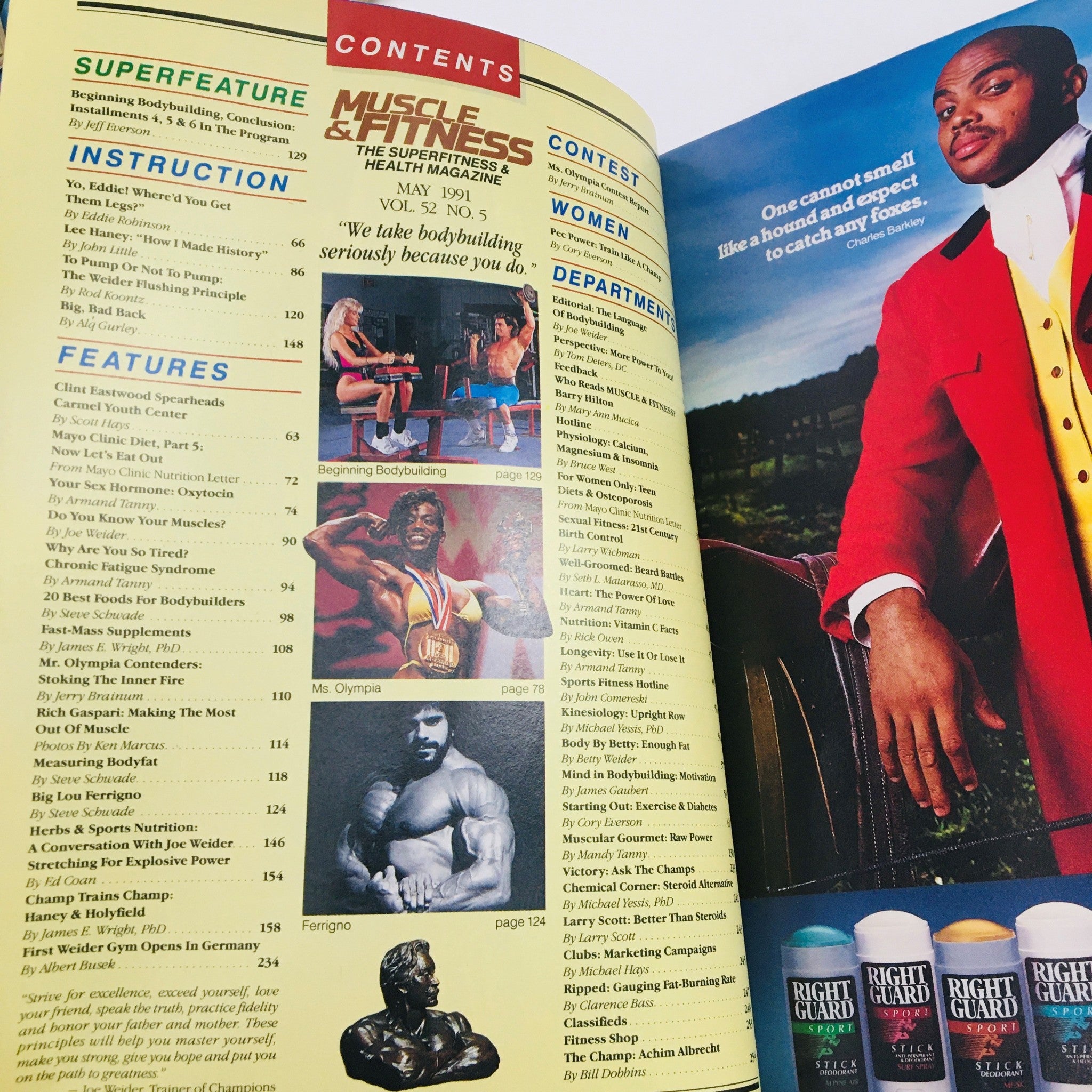 Contents page of Muscle & Fitness Magazine May 1991 showcasing articles on bodybuilding, fitness routines, and nutritional advice, along with a photograph of a prominent athlete.