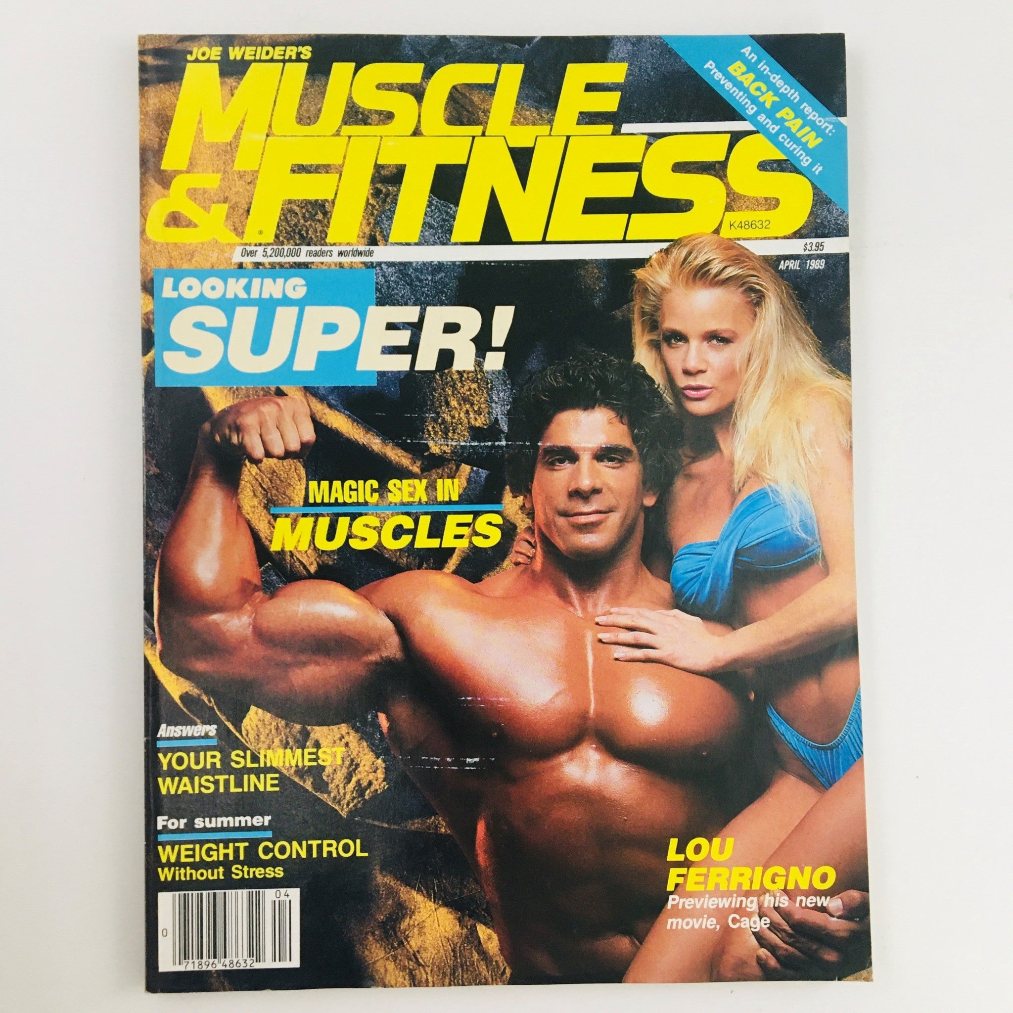 Cover of Muscle & Fitness Magazine, April 1989, featuring Lou Ferrigno previewing his new movie, with a strong emphasis on fitness and bodybuilding culture from the 1980s.