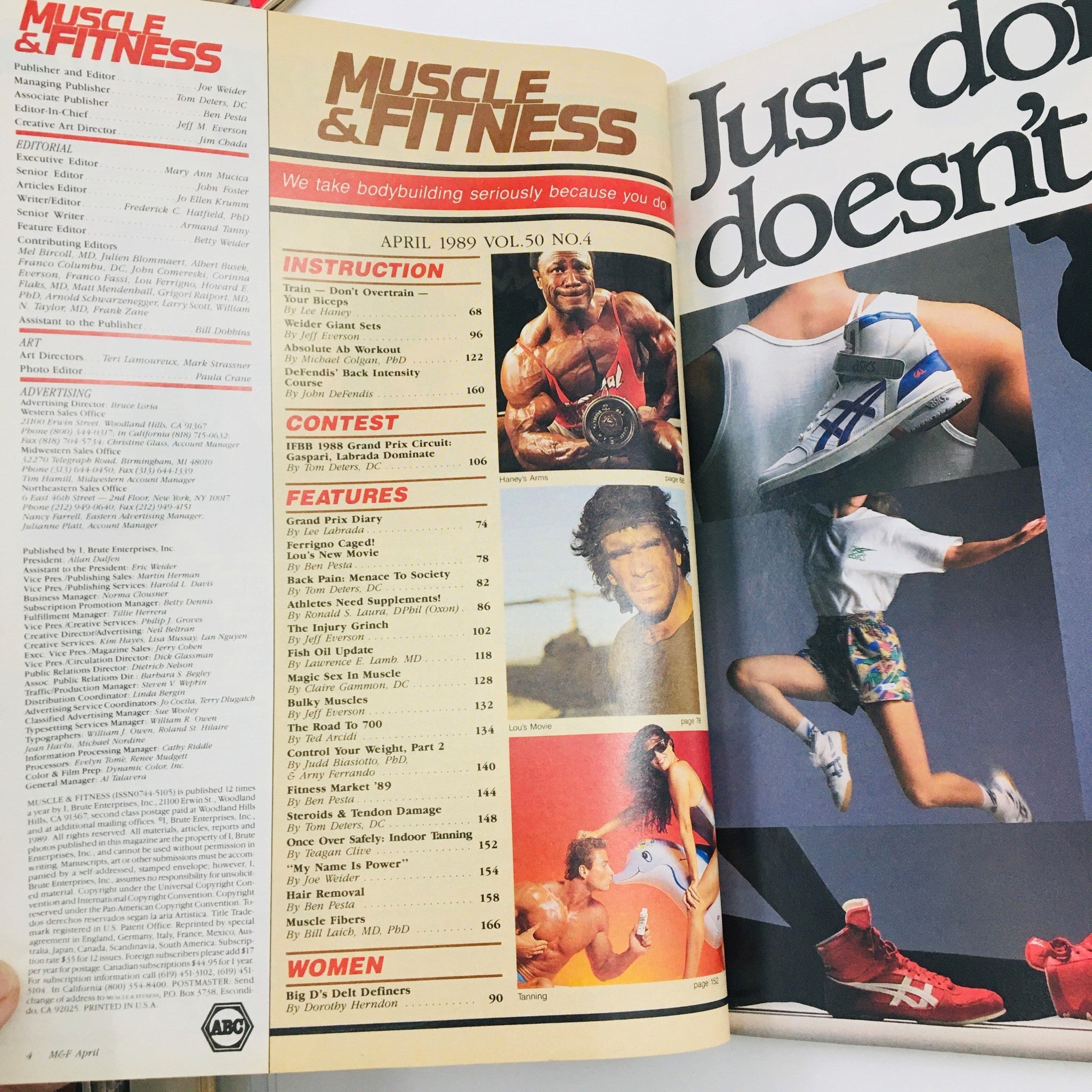 Inside spread of Muscle & Fitness Magazine April 1989, displaying the editorial page and table of contents highlighting fitness articles, contests, and features including Lou Ferrigno.