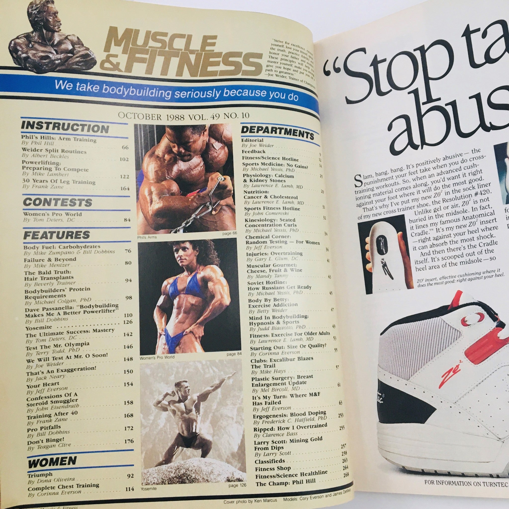 Interior page of Muscle & Fitness Magazine, October 1988, displaying contents including workout tips, nutrition advice, and features related to bodybuilding and fitness.