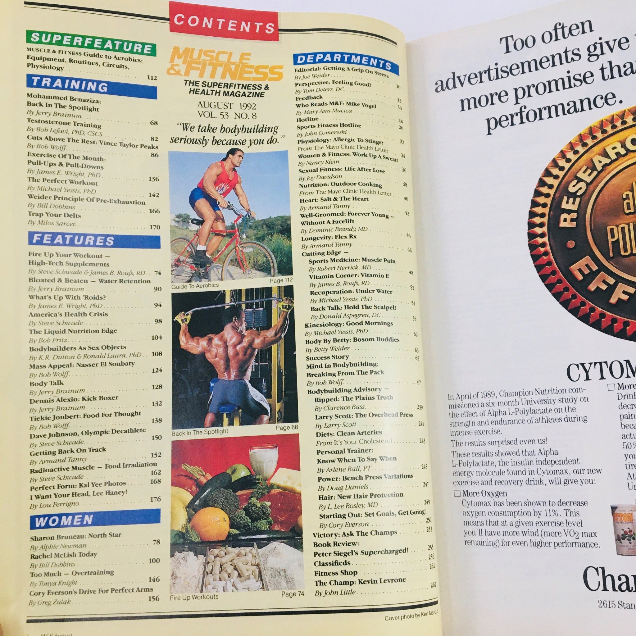 Inside contents page of Muscle & Fitness Magazine August 1992, featuring articles and training advice by prominent fitness experts.