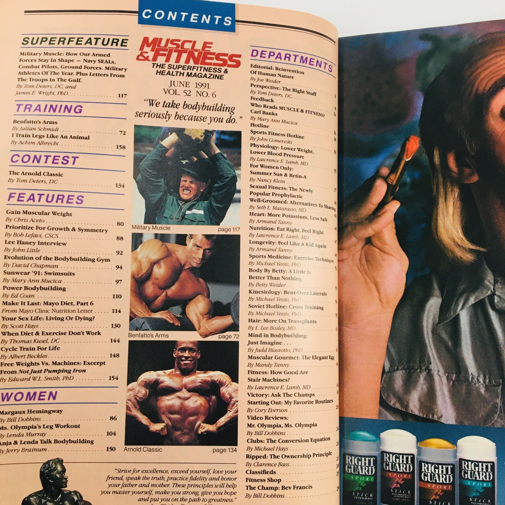 Contents page of Muscle & Fitness Magazine June 1991 featuring articles on bodybuilding techniques, training, and notable figures like Francis Benfatto, along with sections on military muscle and women's fitness.