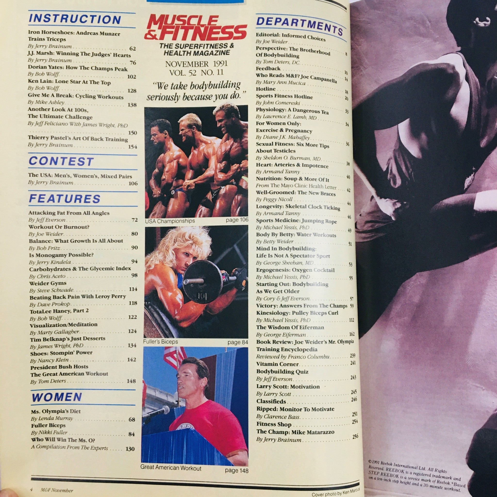 Muscle & Fitness Magazine November 1991 featuring a contents page, showcasing articles, workouts, and highlights including Arnold Schwarzenegger's Great American Workout and USA Championships.