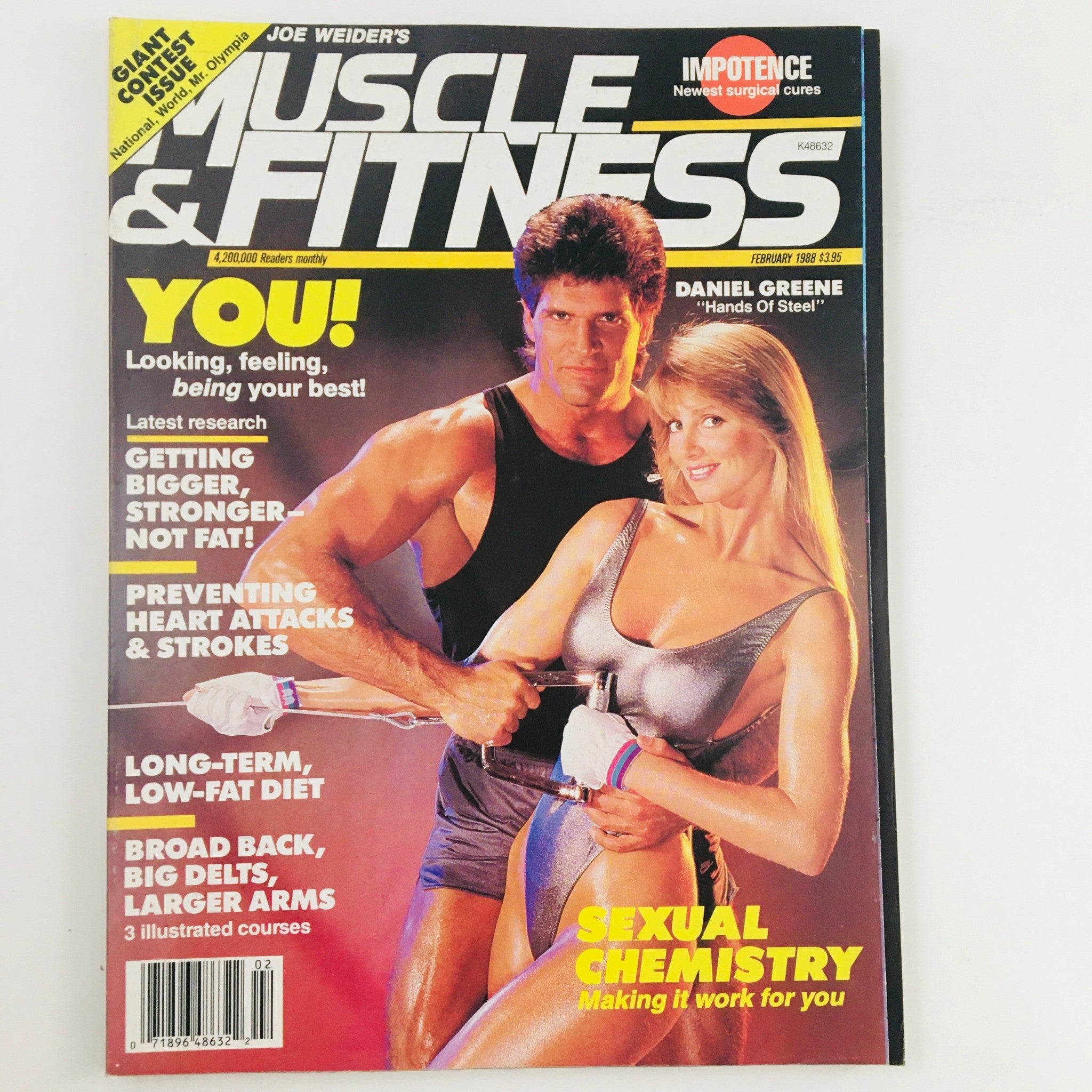 Cover of Muscle & Fitness Magazine February 1988 featuring models Daniel Greene and Gail Smith, showcasing fitness tips and bodybuilding culture of the late 1980s.