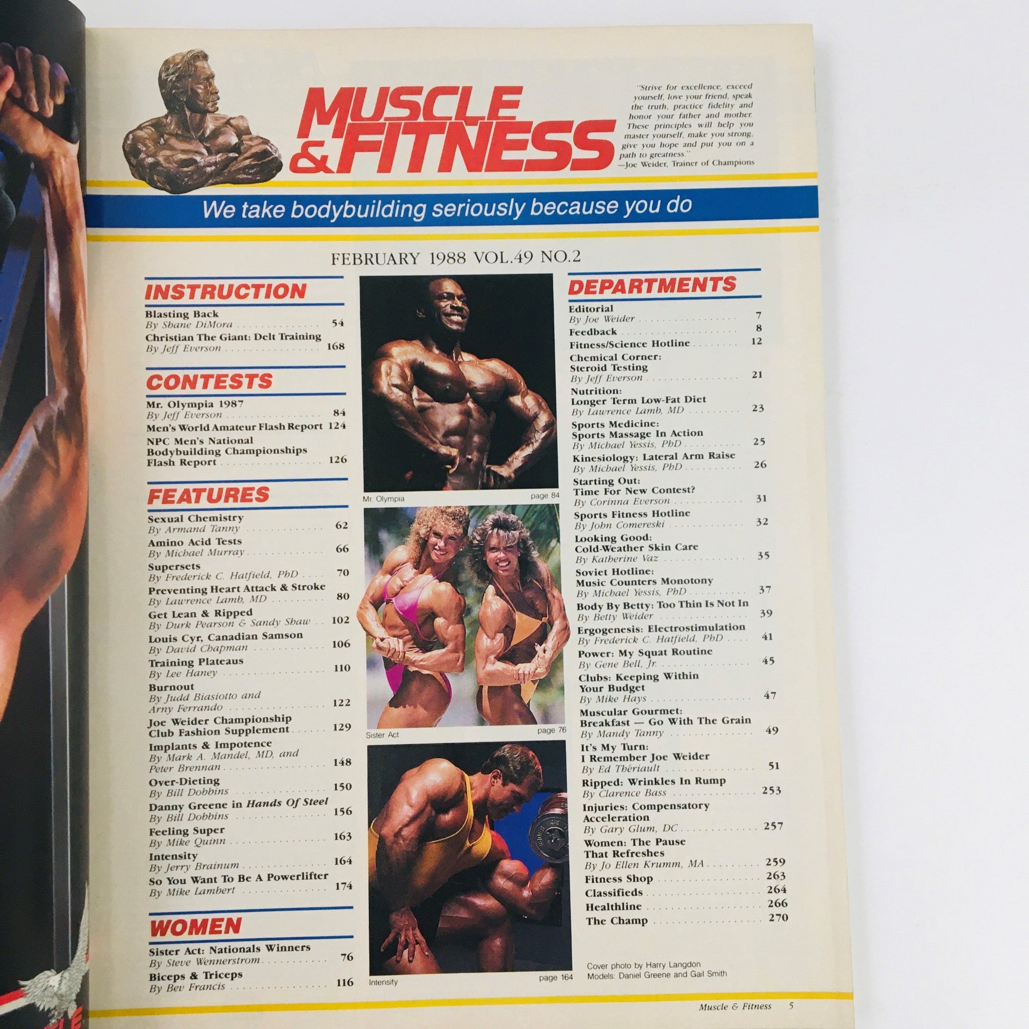 Interior page of Muscle & Fitness Magazine February 1988 displaying content list and features including fitness articles and contests from the bodybuilding community.