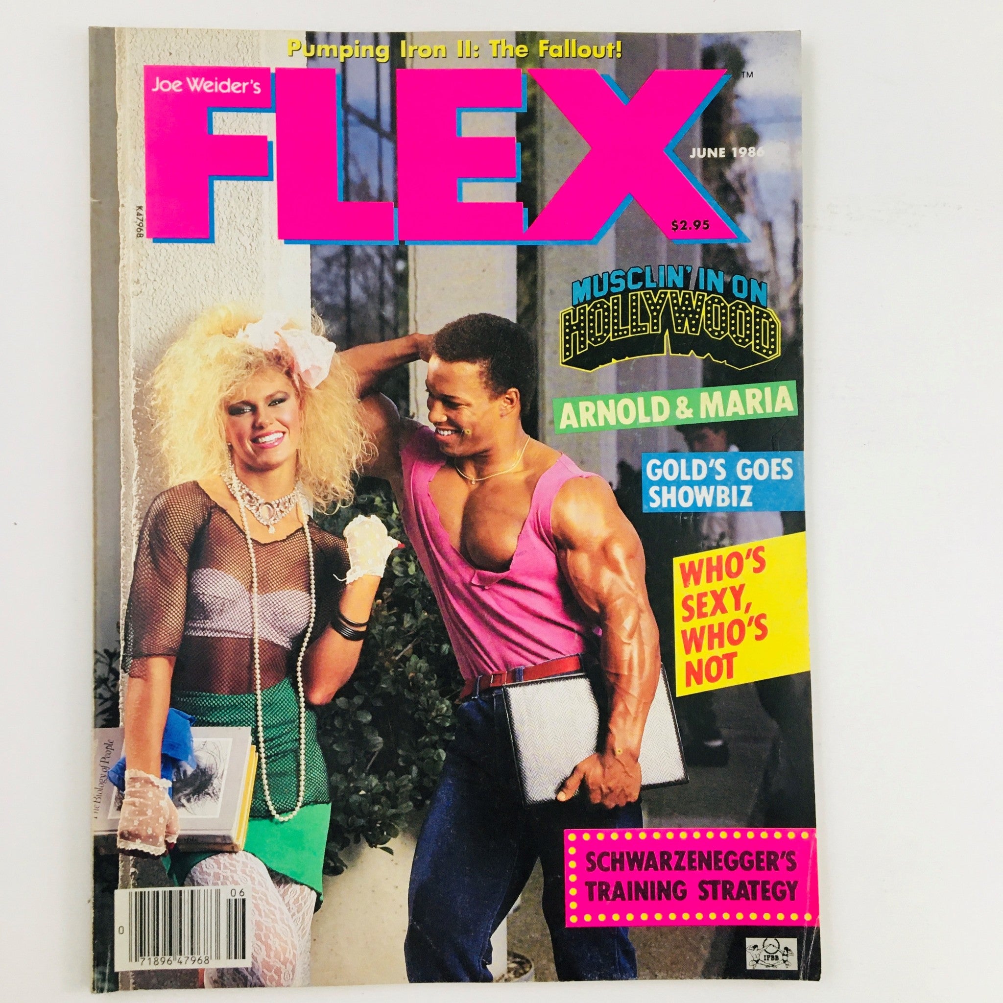 Joe Weider's Flex Magazine June 1986 featuring Gea Johnson and Shawn Ray on the cover, showcasing vibrant 1980s fitness culture. Includes articles on bodybuilding and training tips.