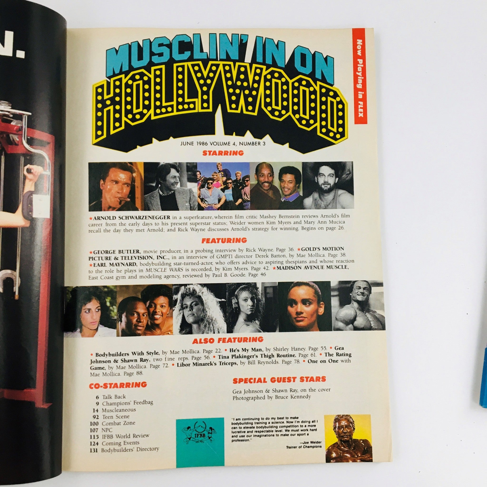 Inside page of Joe Weider's Flex Magazine June 1986 highlighting features on bodybuilding, including Gea Johnson and Shawn Ray, and information on Arnold Schwarzenegger's film roles.
